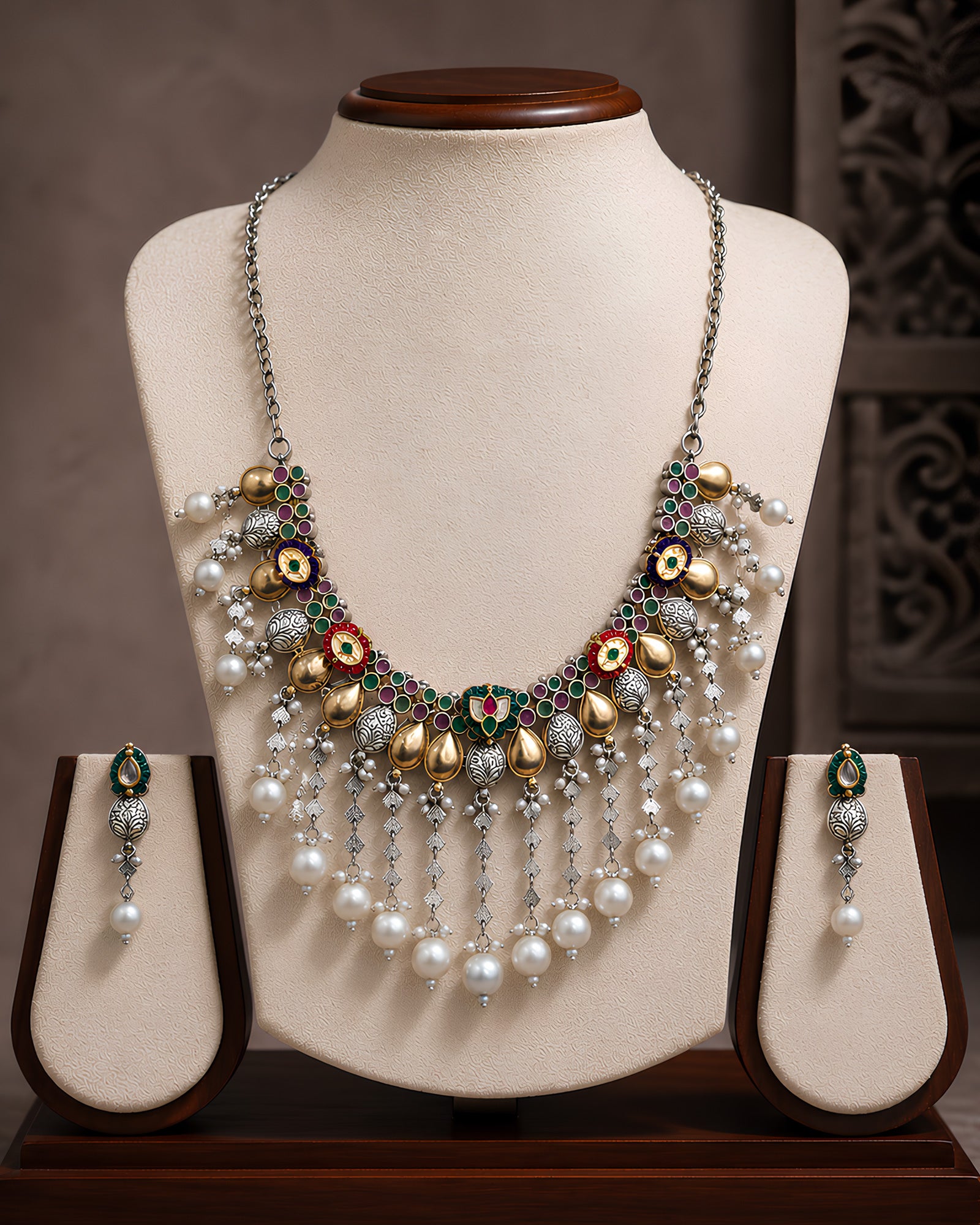Enamel Floral & Pearl Tassel Necklace Set