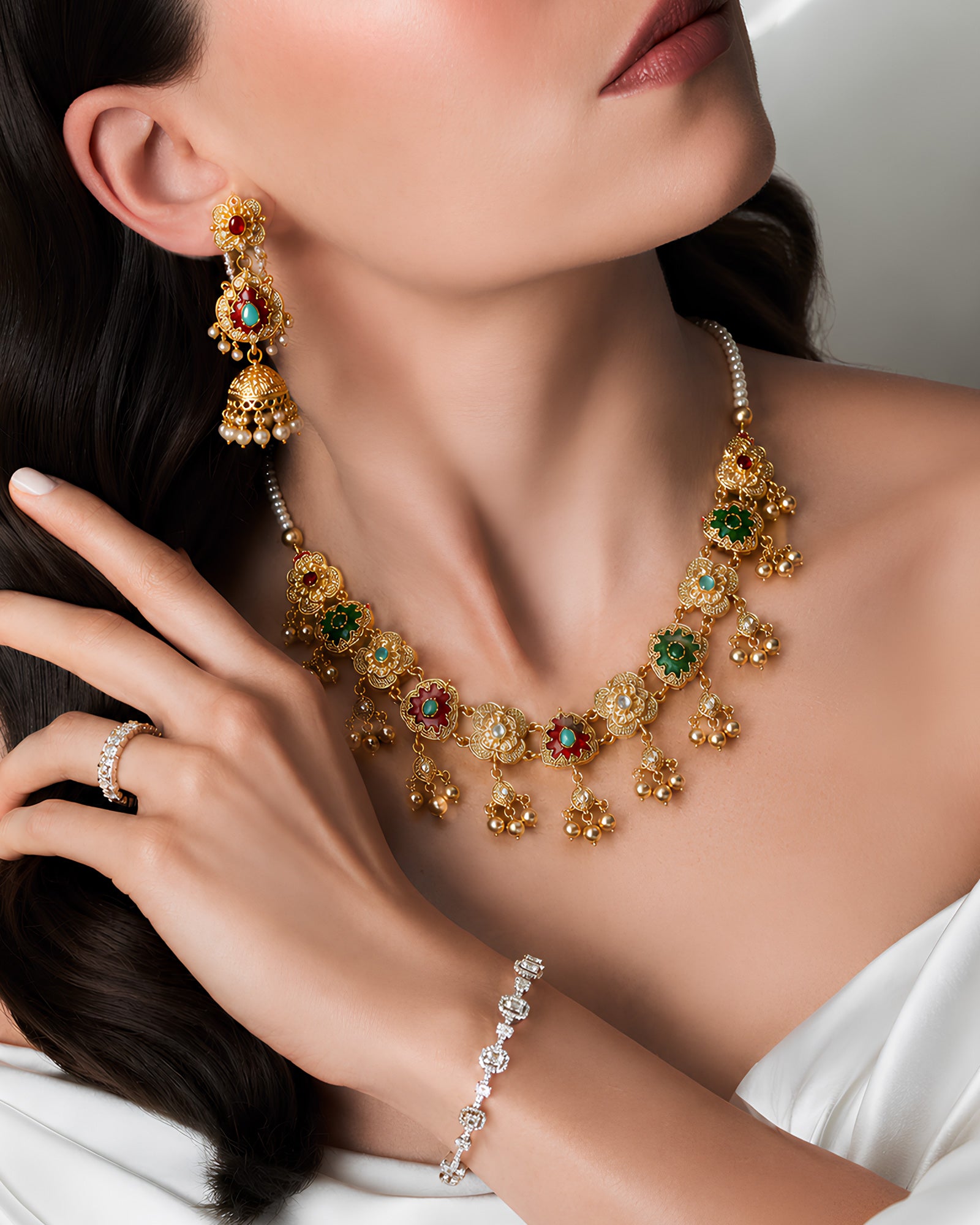 Enamel Floral Bead-Dangle Necklace Set