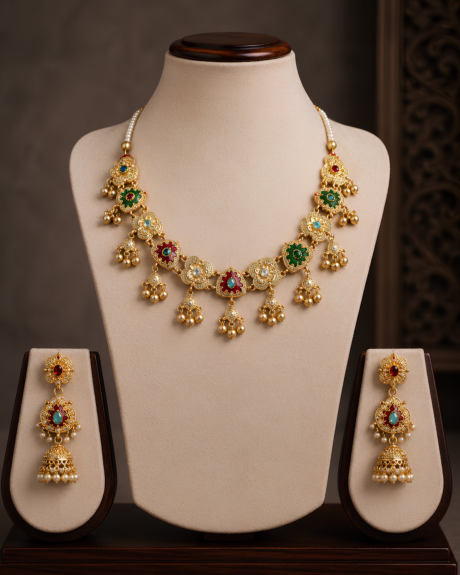 Enamel Floral Bead-Dangle Necklace Set