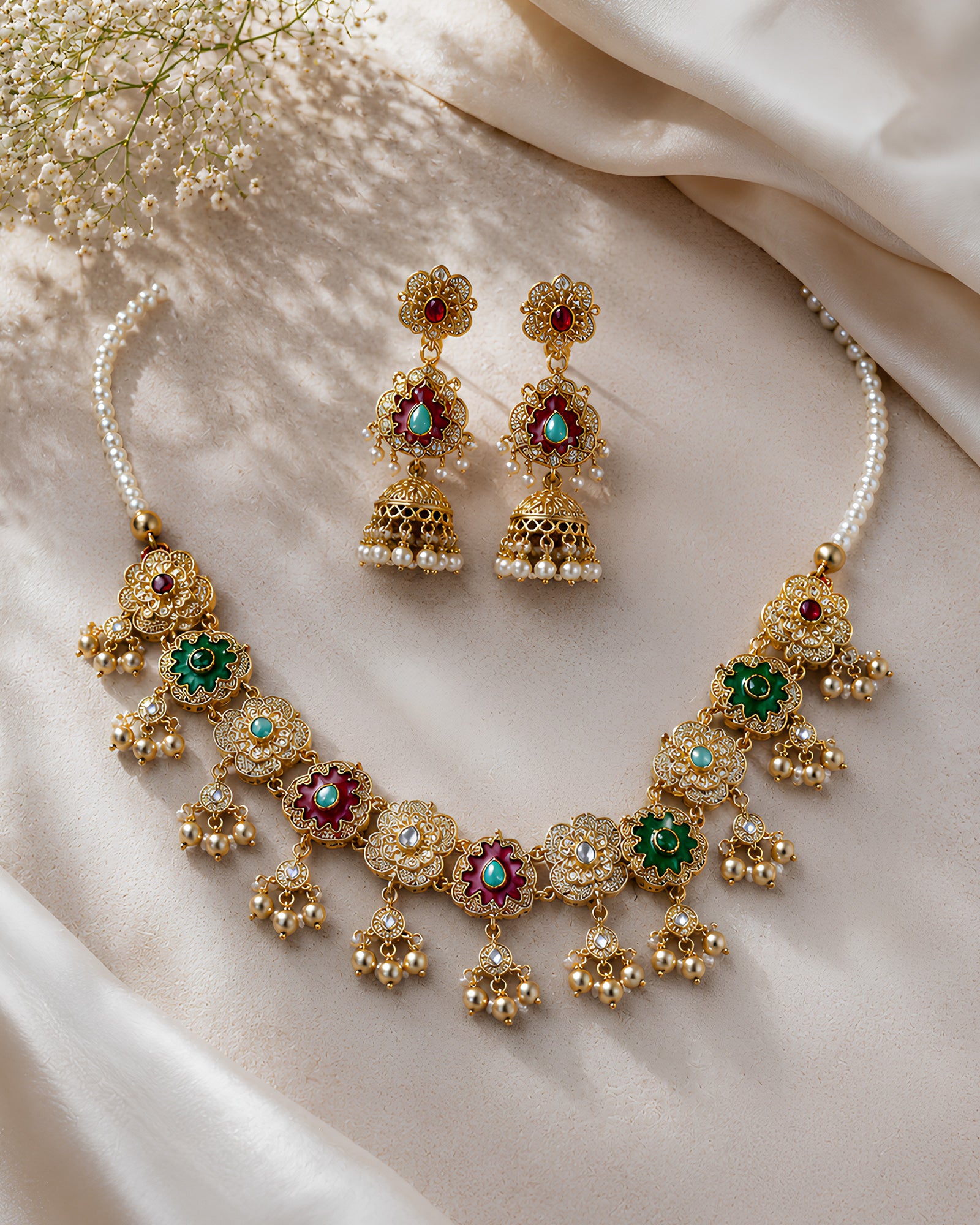 Enamel Floral Bead-Dangle Necklace Set