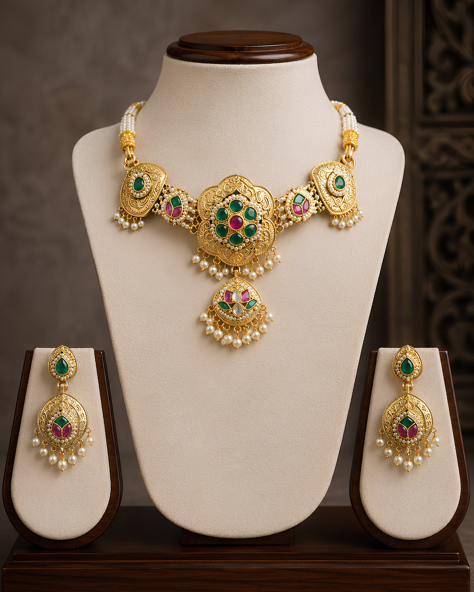 Enamel Floral Gold-Toned Pearl Necklace Set