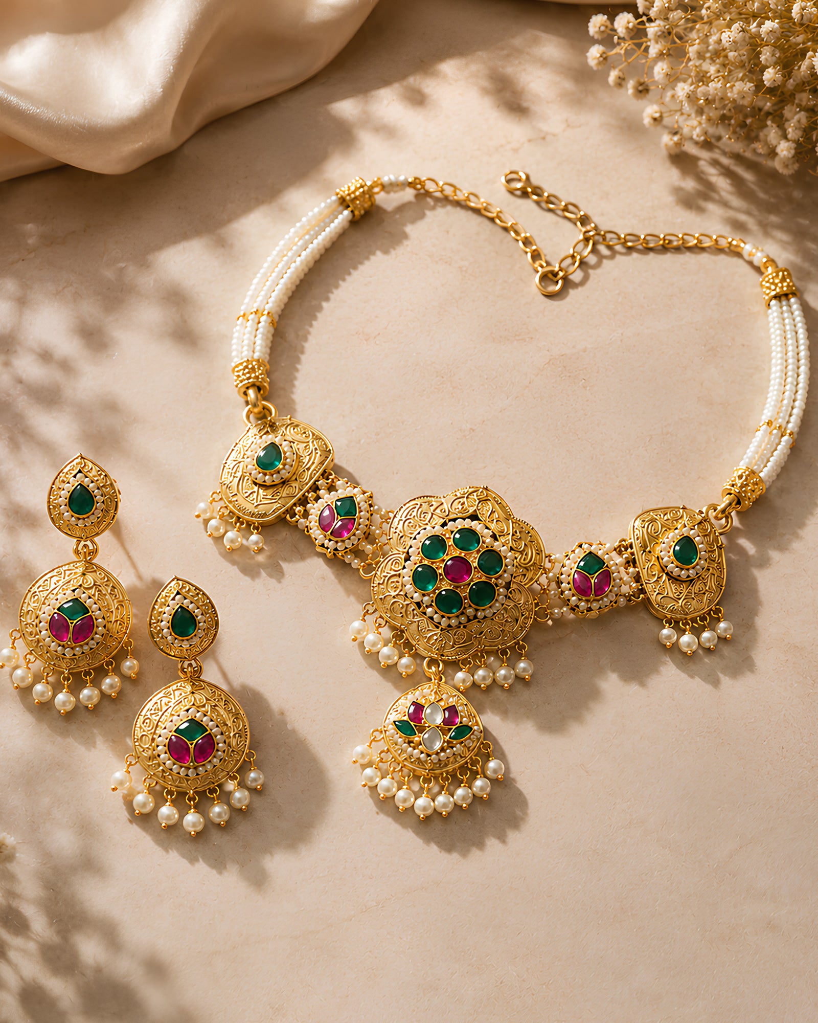 Enamel Floral Gold-Toned Pearl Necklace Set