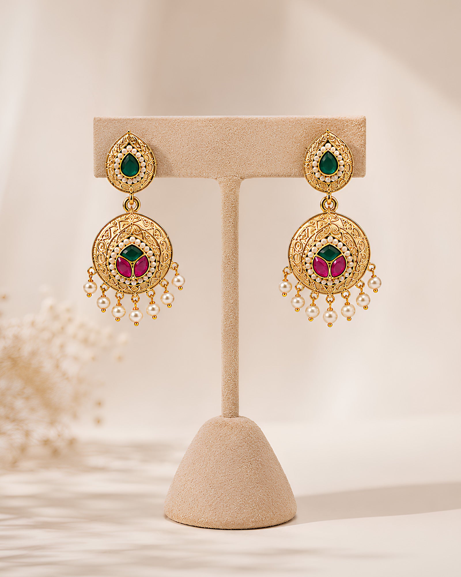 Enamel Floral Gold-Toned Pearl Necklace Set