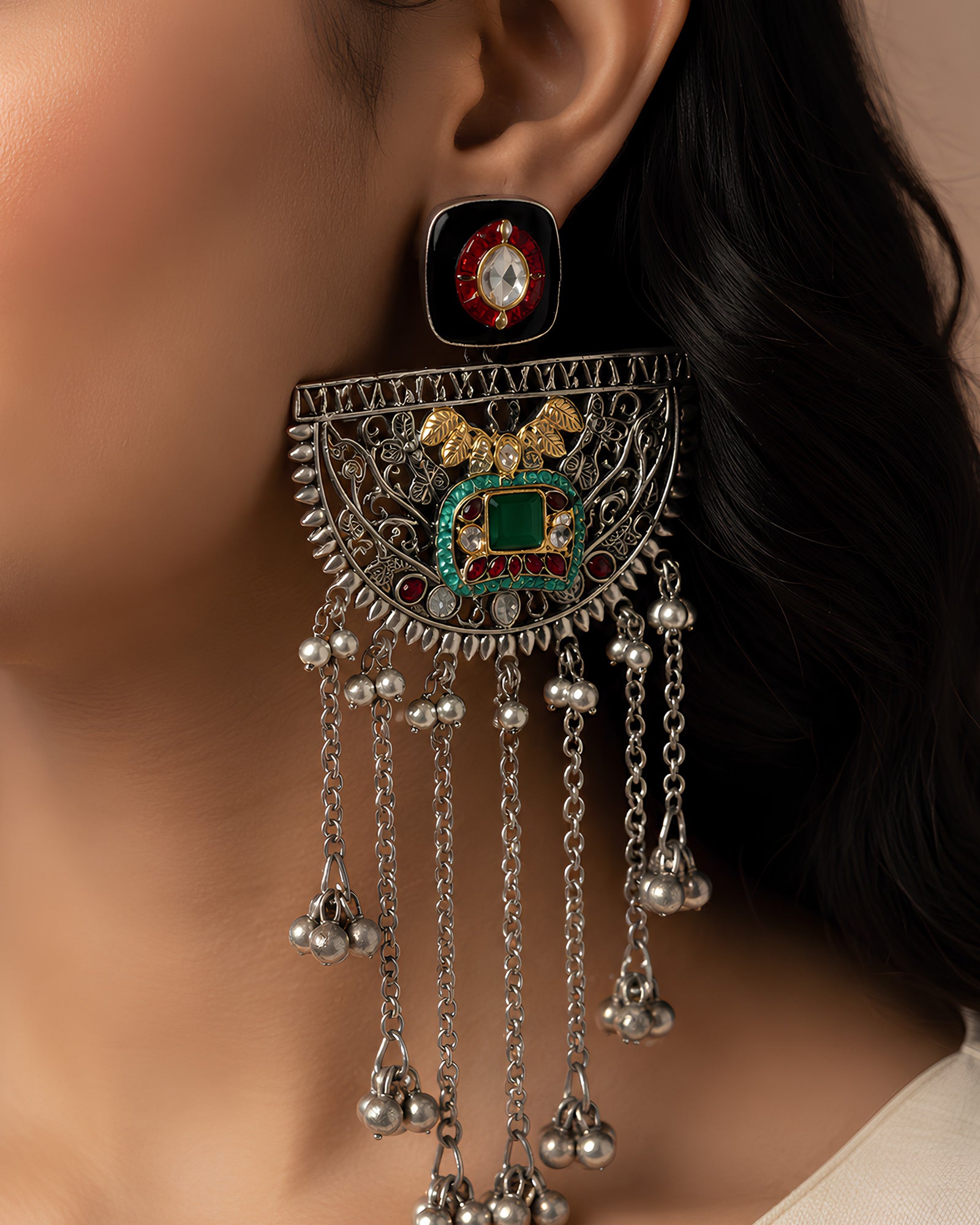 Enamel Geometric Crescent Statement Earrings