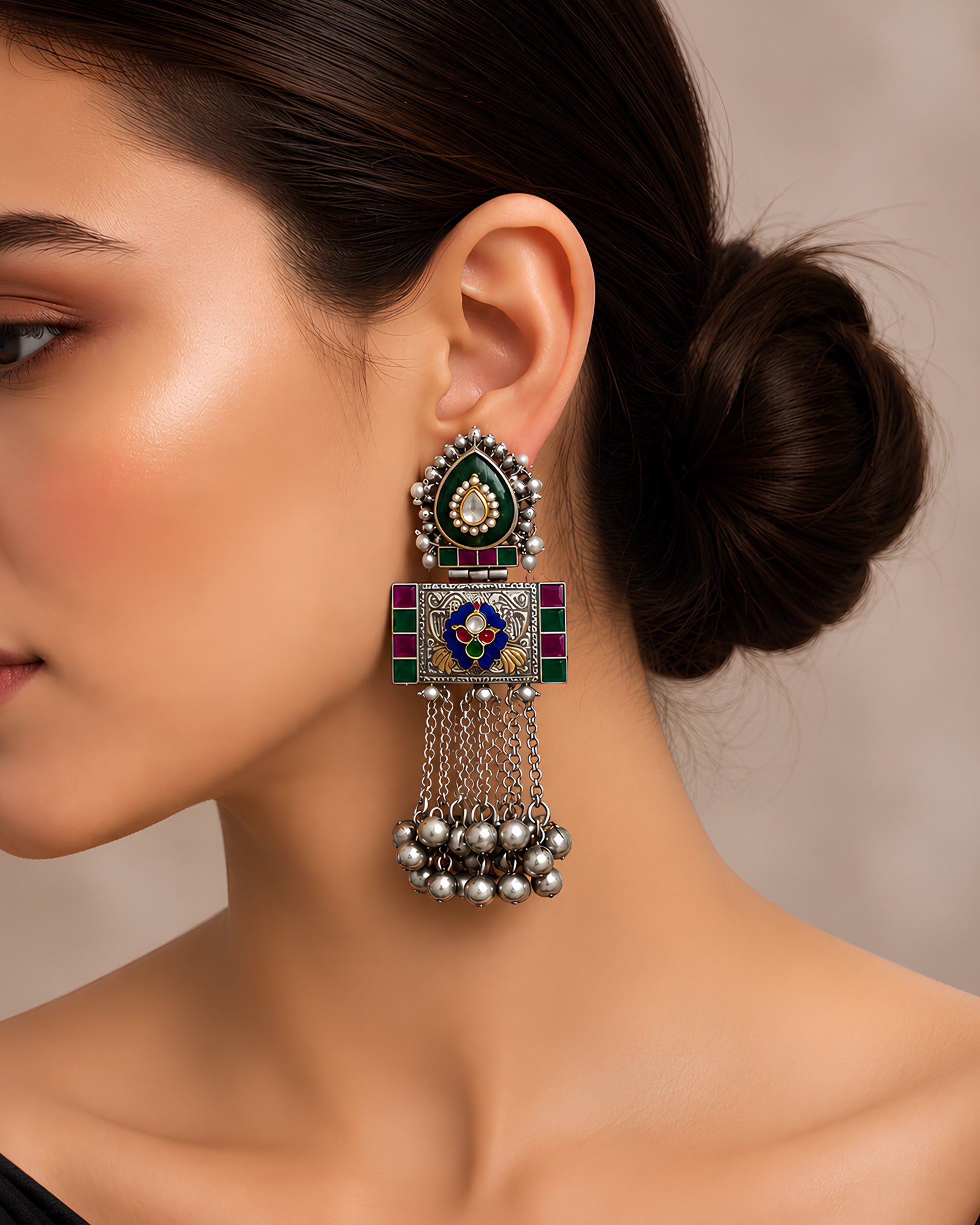 Enamel Meenakari & Chain Fringe Oxidized Earrings