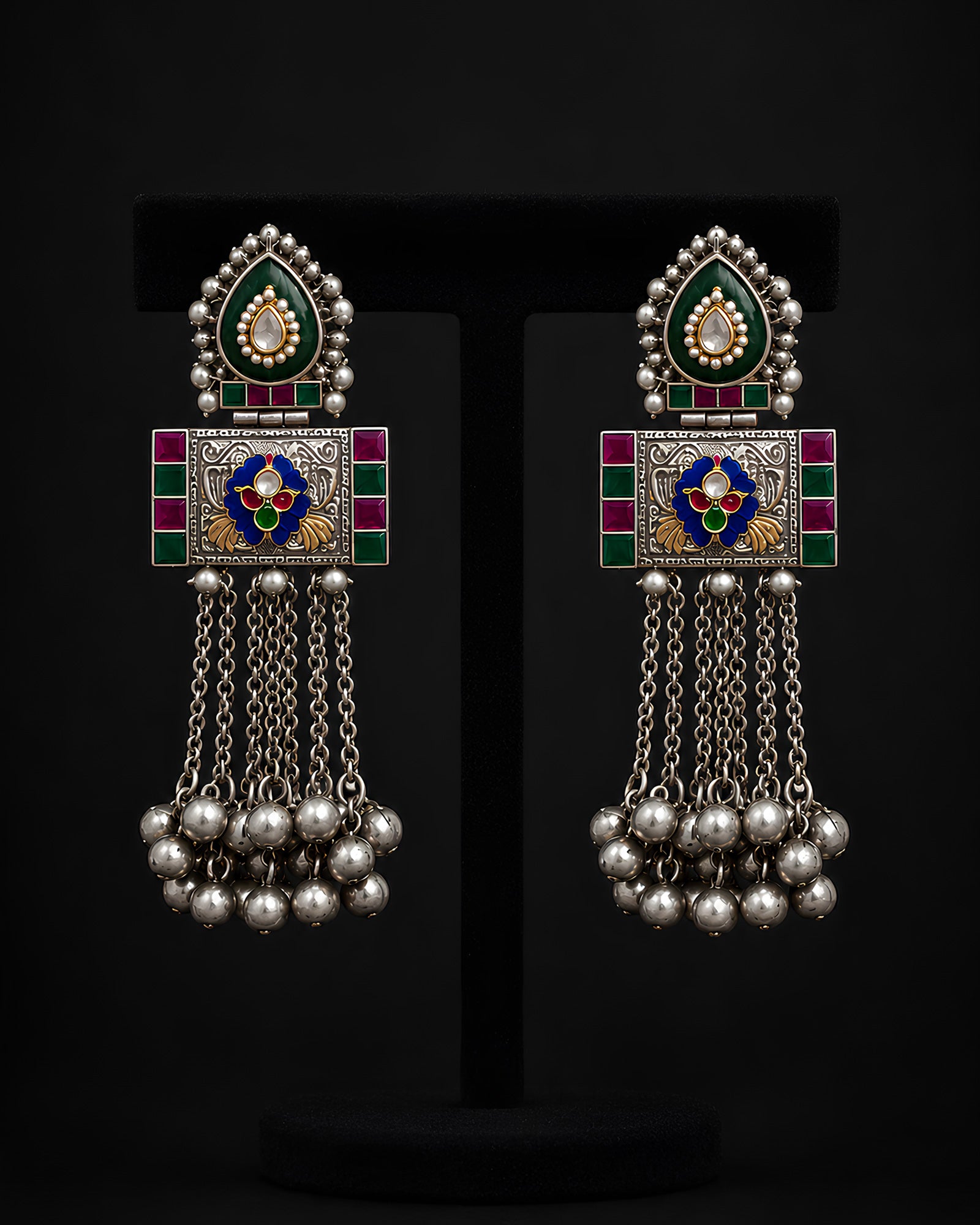 Enamel Meenakari & Chain Fringe Oxidized Earrings