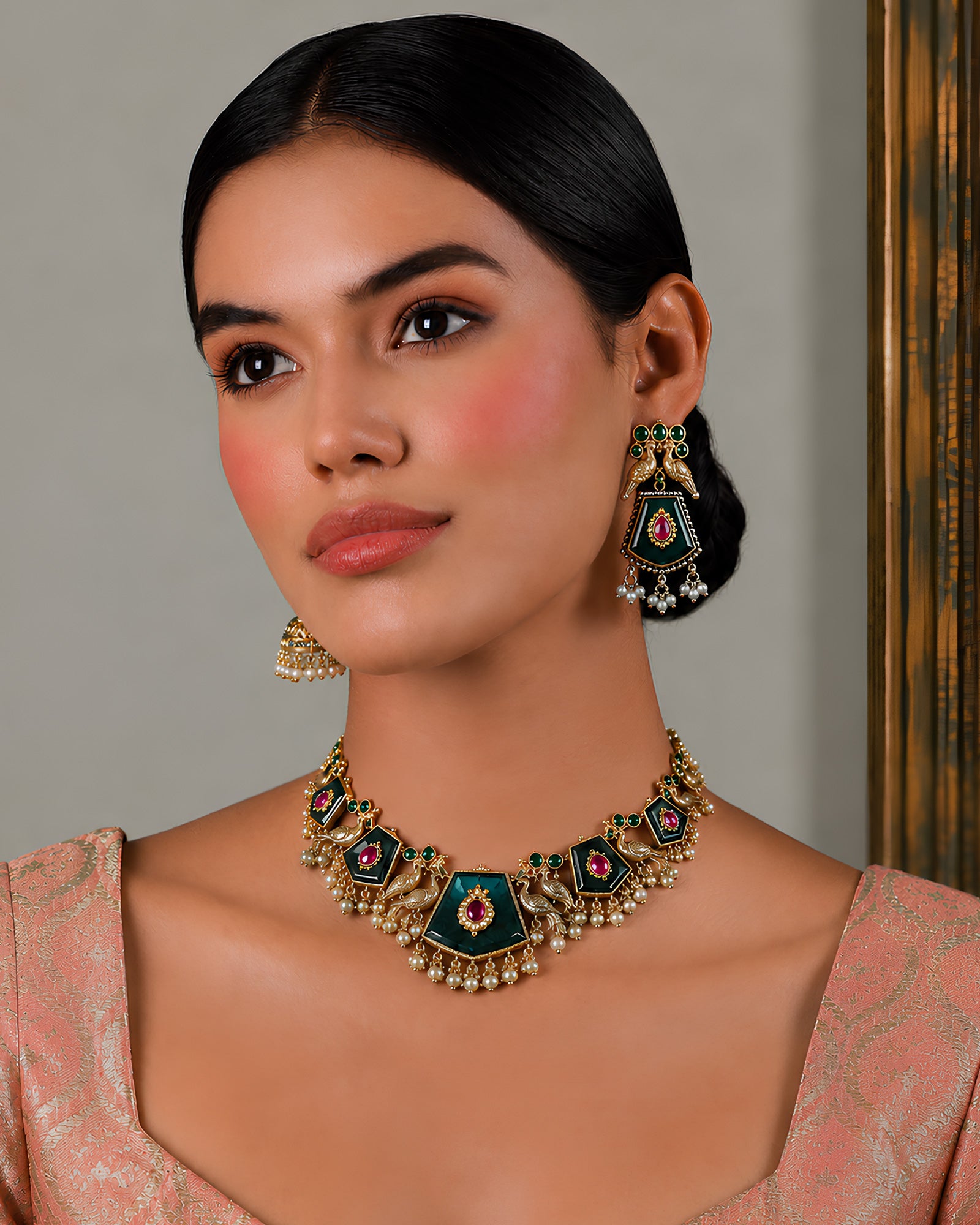 Enamel Peacock & Gemstone Statement Necklace Set