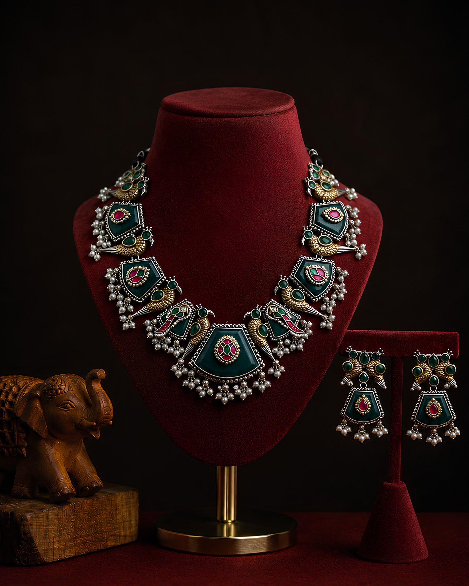 Enamel Peacock & Gemstone Statement Necklace Set
