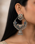 Enamel Peacock Motif Chandbali & Jhumka Oxidized Earrings