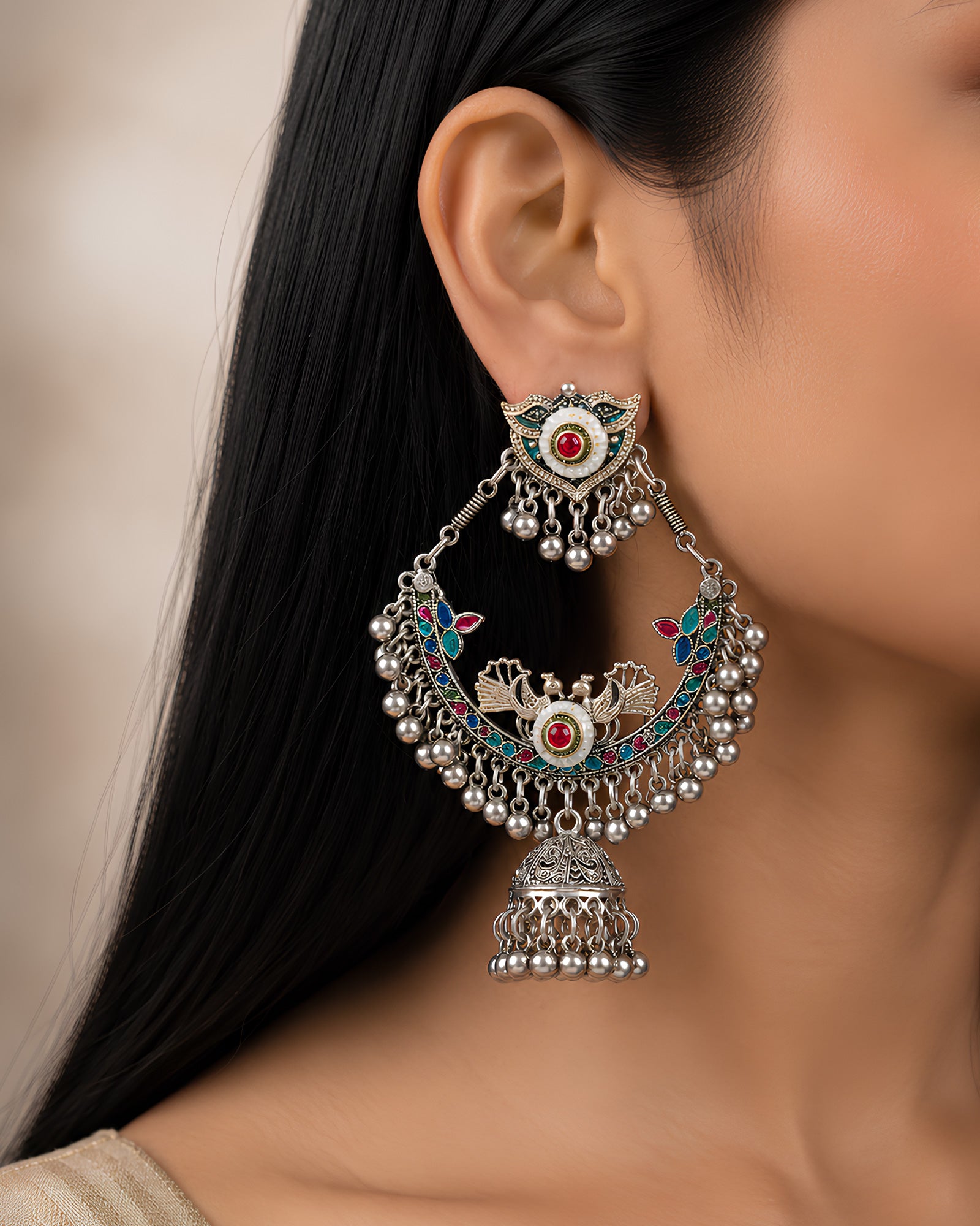 Enamel Peacock Motif Chandbali & Jhumka Oxidized Earrings