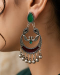 Enamel Peacock Motif Crescent & Bead-Fringed Oxidized Earrings