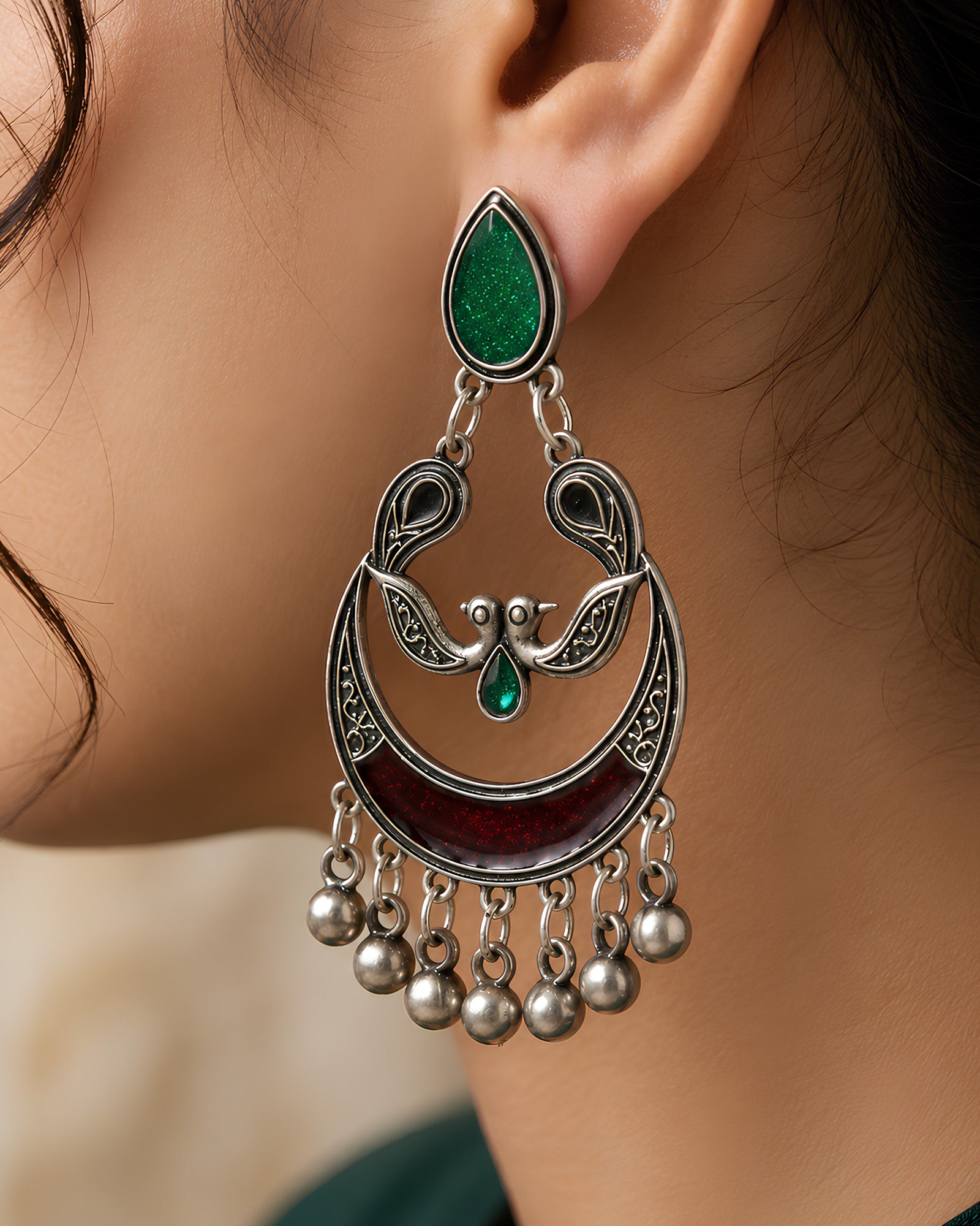 Enamel Peacock Motif Crescent & Bead-Fringed Oxidized Earrings