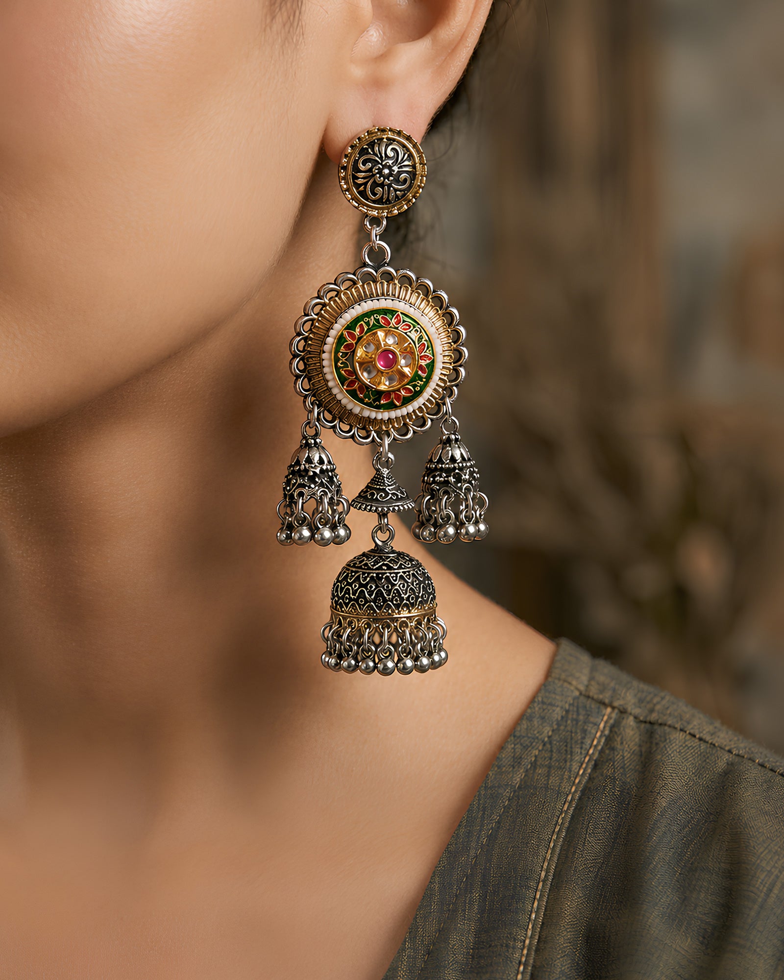 Enamelled Circular Medallion Multi-Jhumka Earrings