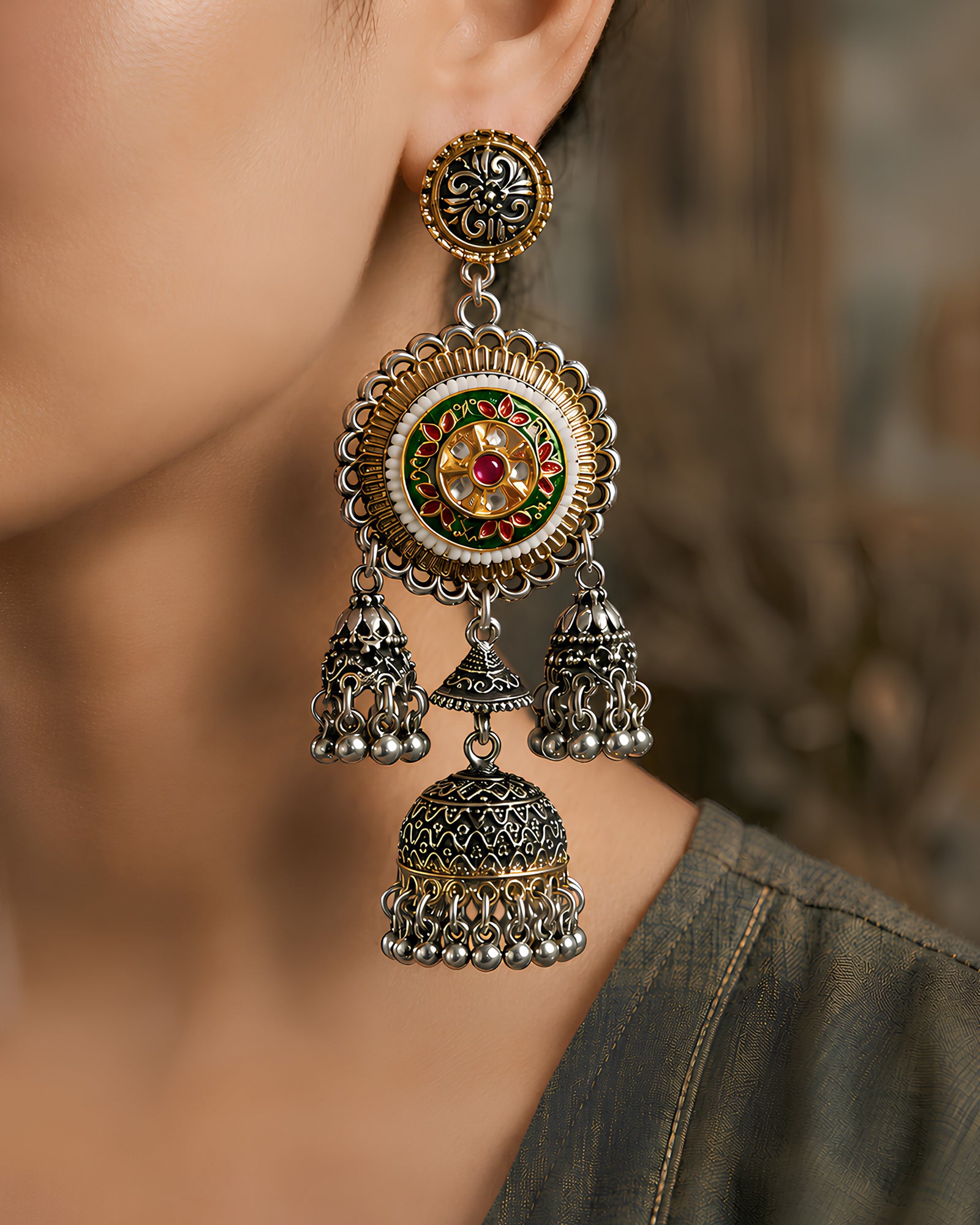 Enamelled Circular Medallion Multi-Jhumka Earrings