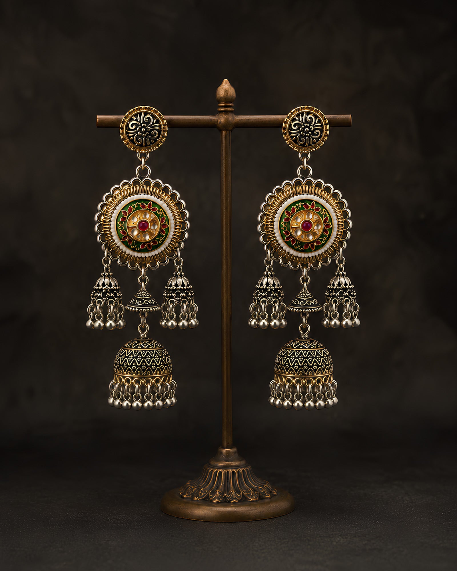 Enamelled Circular Medallion Multi-Jhumka Earrings