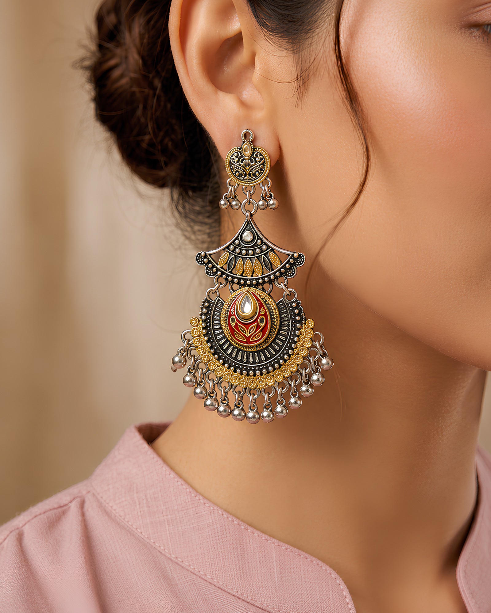 Enamelled Crescent Medallion Oxidized Earrings