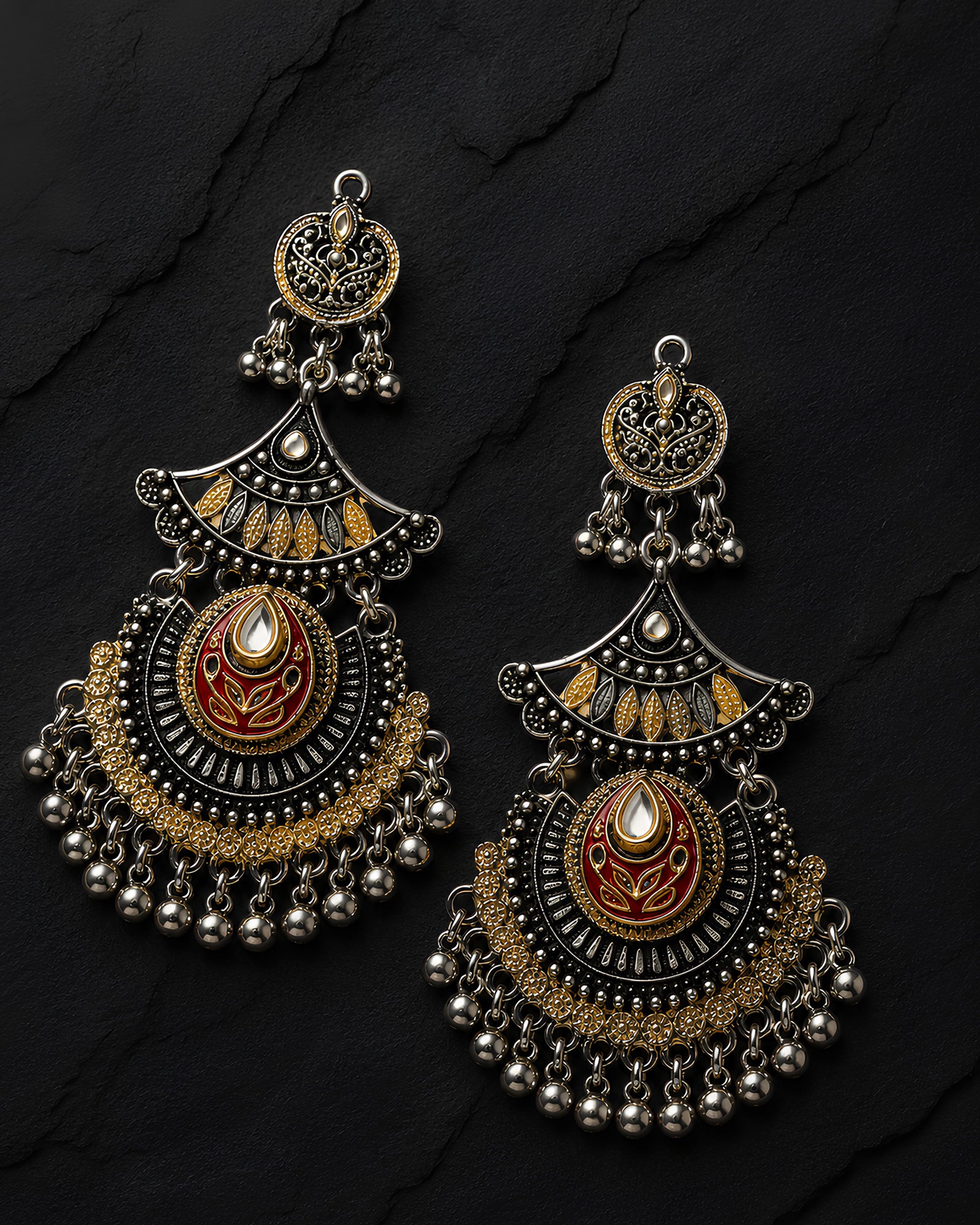 Enamelled Crescent Medallion Oxidized Earrings