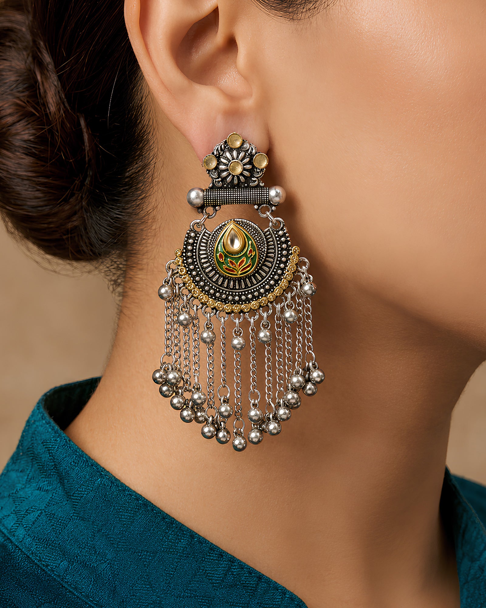 Enamelled Crescent Tassel Statement Earrings