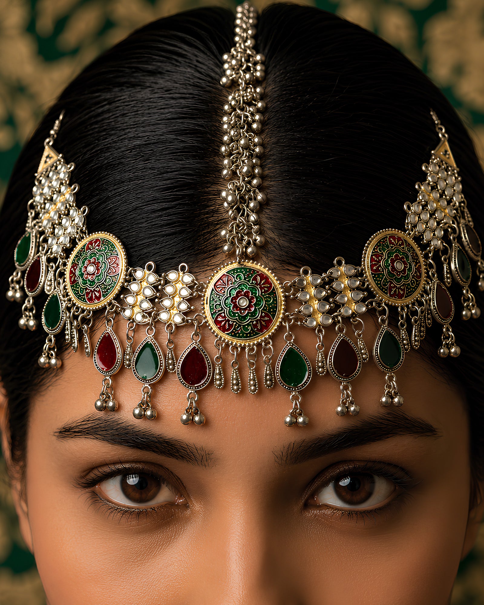 Enamelled Floral & Gemstone-Drop Matha Patti