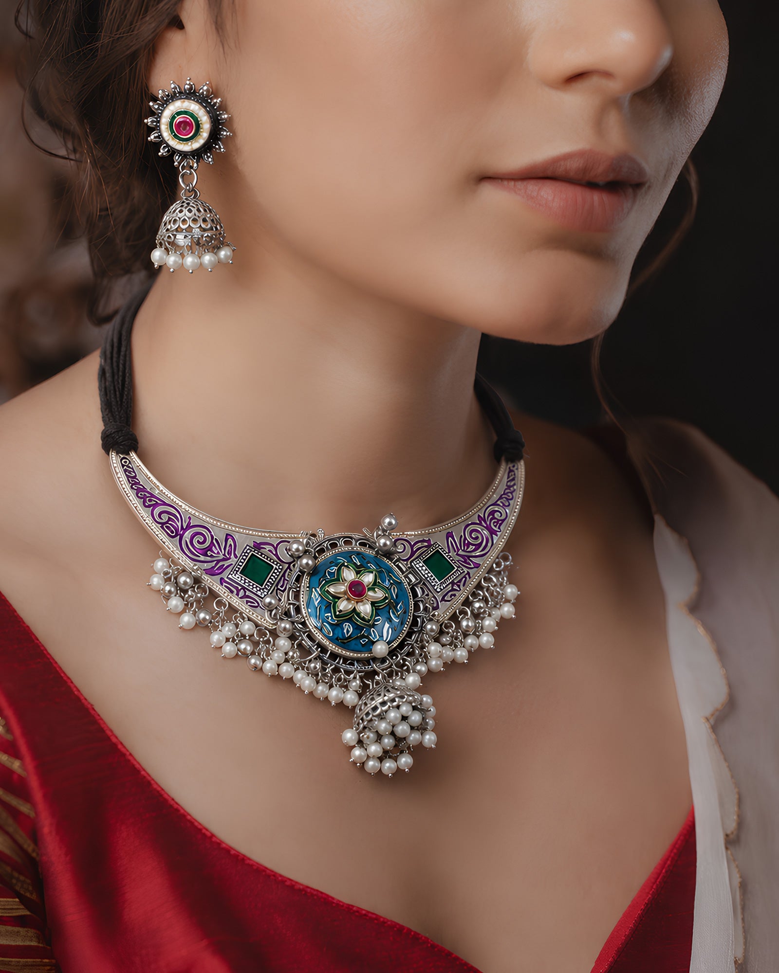Enamelled Floral Arch & Pearl-Beaded Choker Necklace