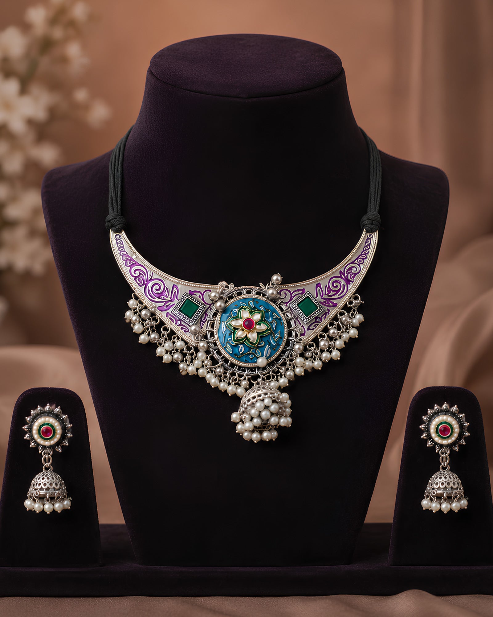 Enamelled Floral Arch & Pearl-Beaded Choker Necklace