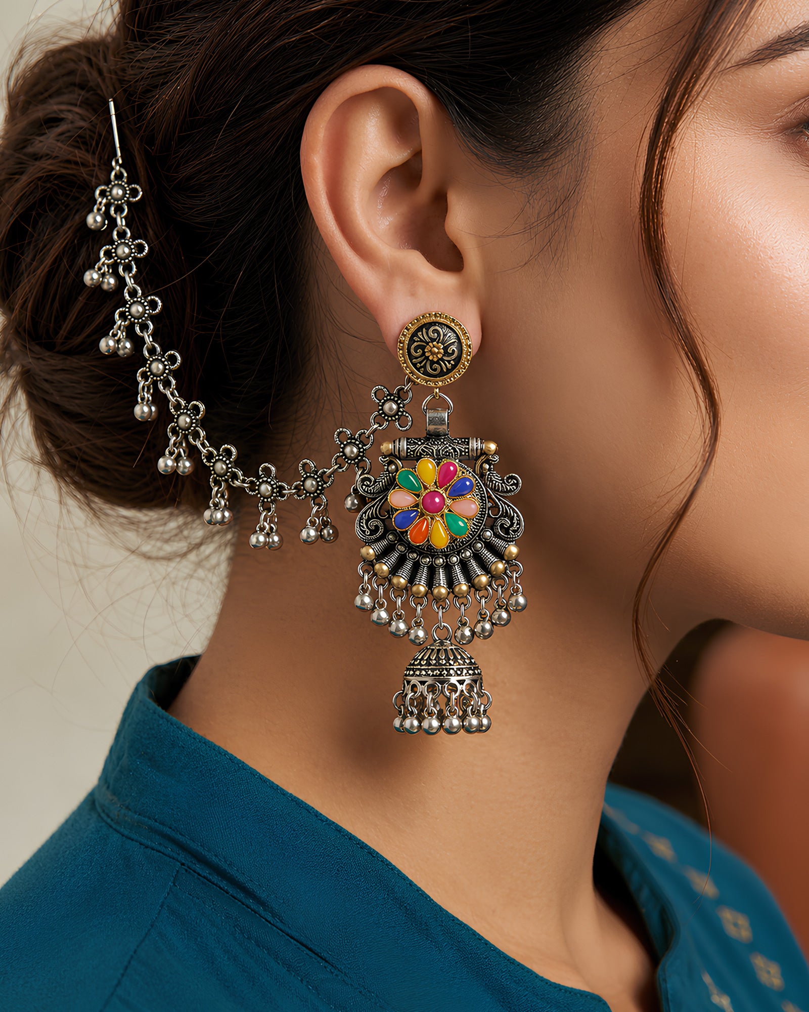 Enamelled Floral Bahubali Jhumka Earrings