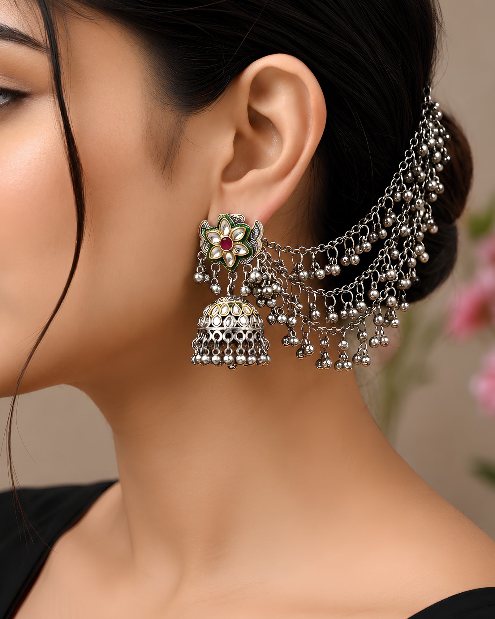 Enamelled Floral Bahubali Jhumka Earrings
