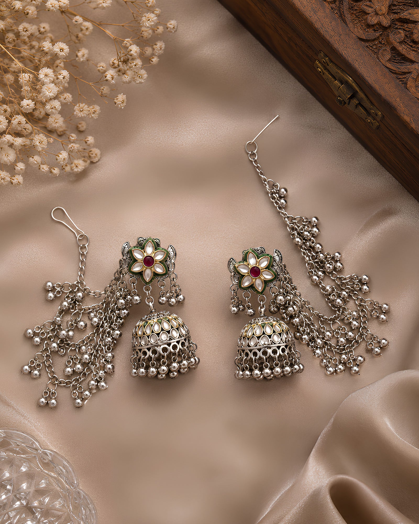 Enamelled Floral Bahubali Jhumka Earrings