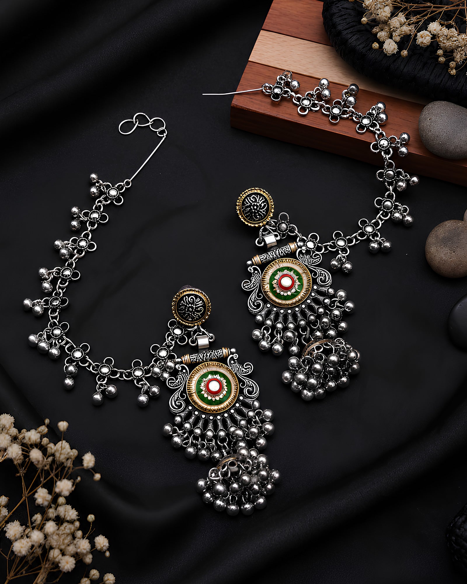 Enamelled Floral Bahubali Jhumka Earrings