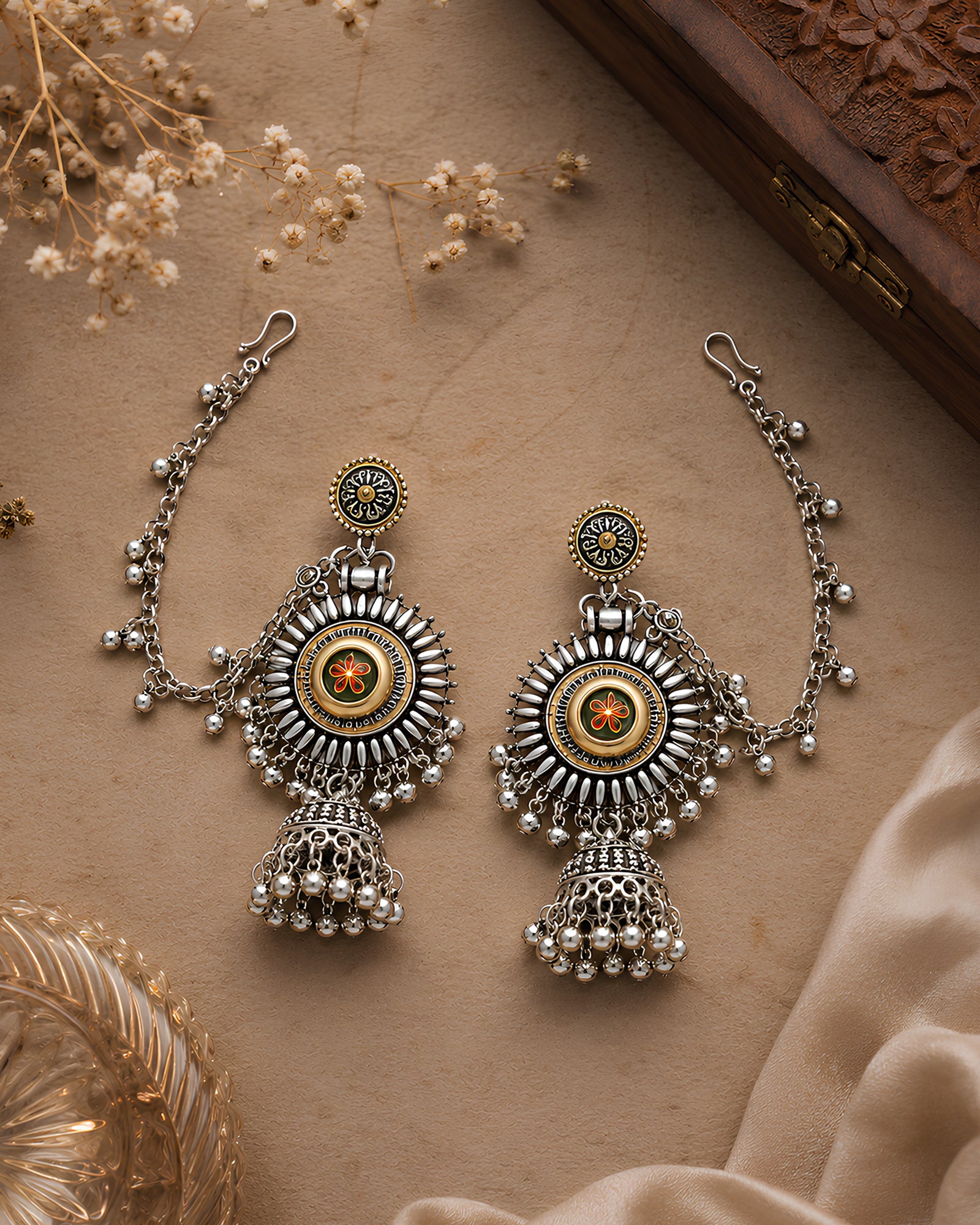 Enamelled Floral Bahubali Jhumka Earrings