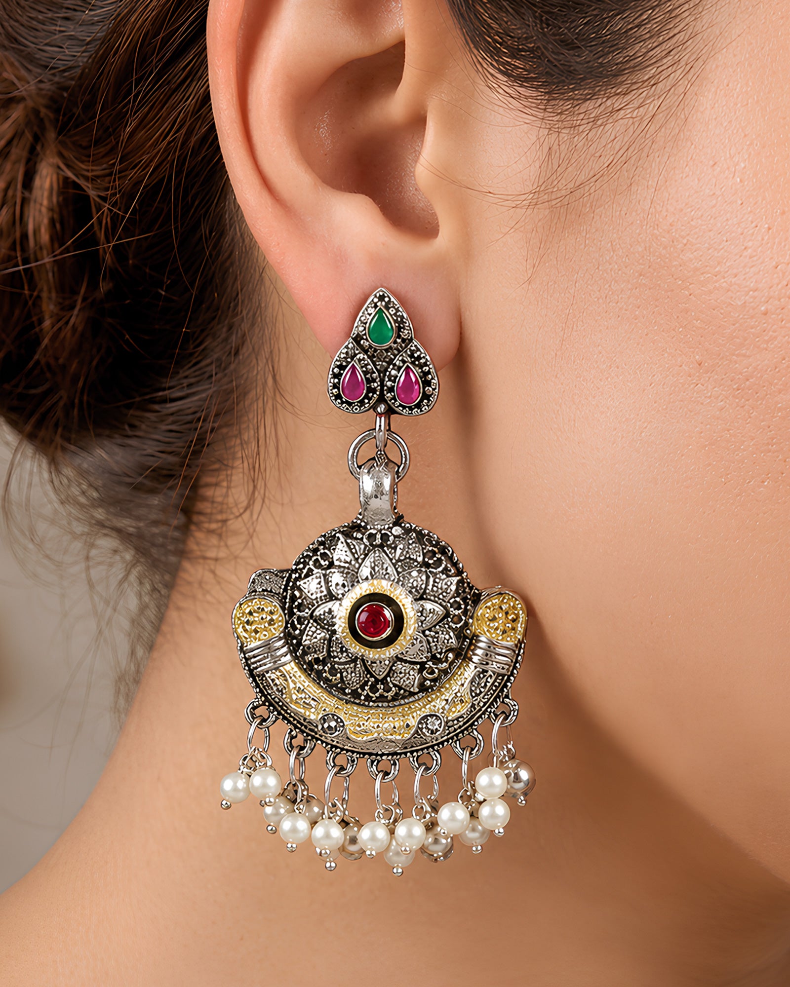 Enamelled Floral Crescent Pearl Earrings