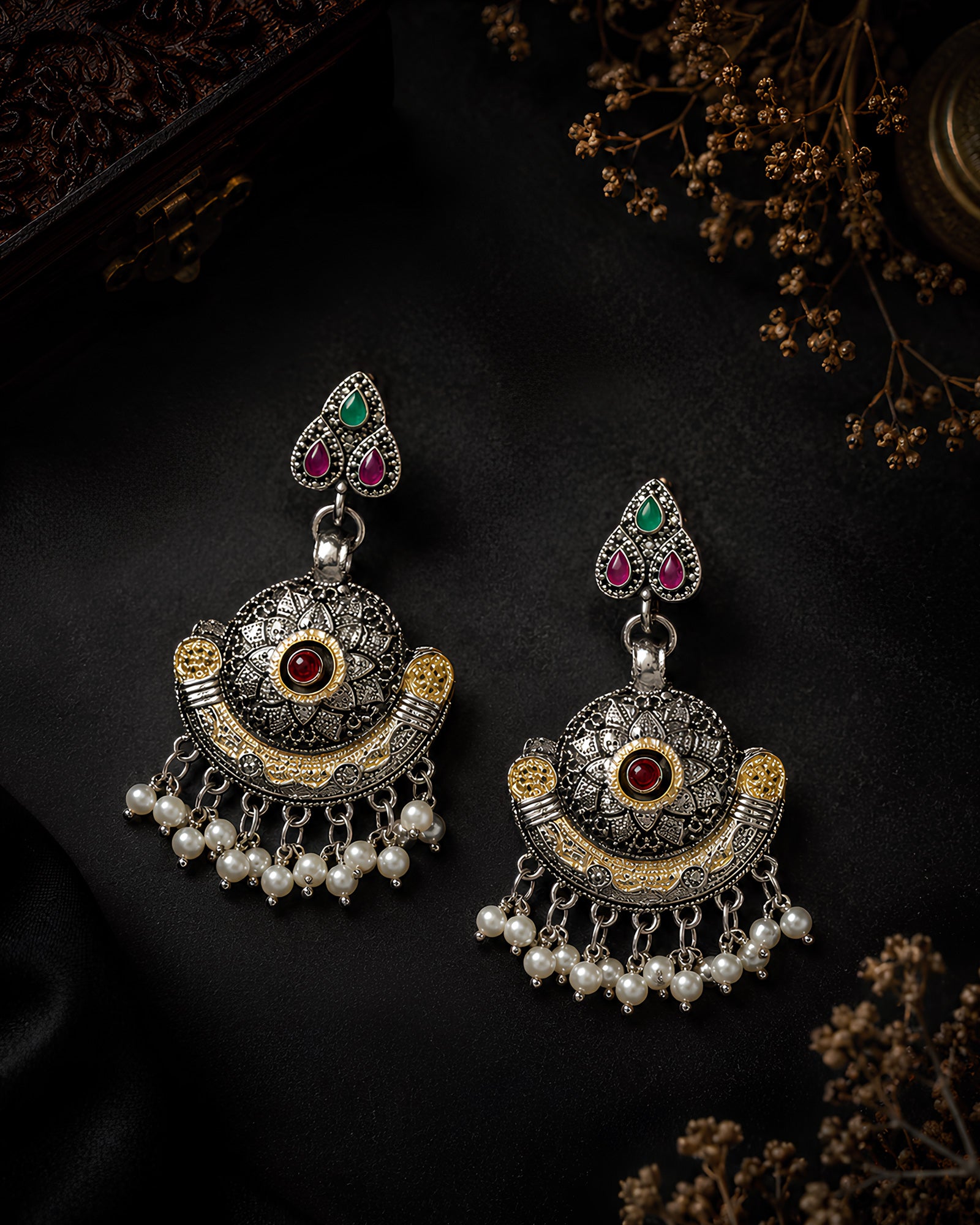Enamelled Floral Crescent Pearl Earrings