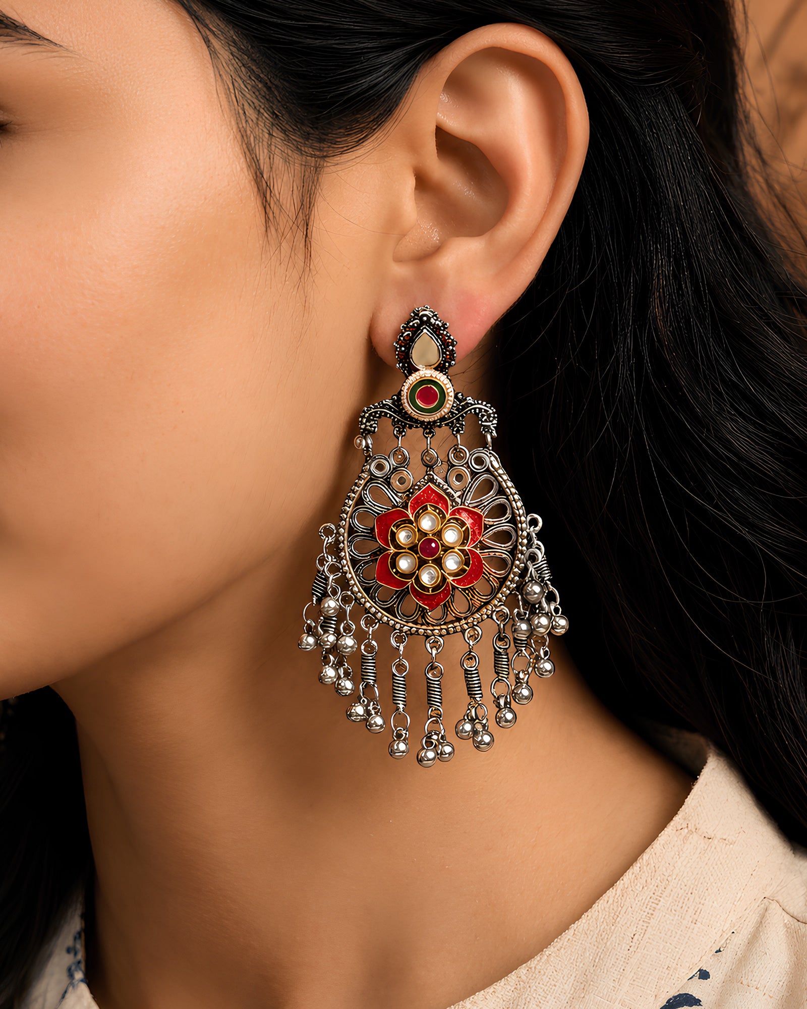 Enamelled Floral Filigree Oxidized Earrings