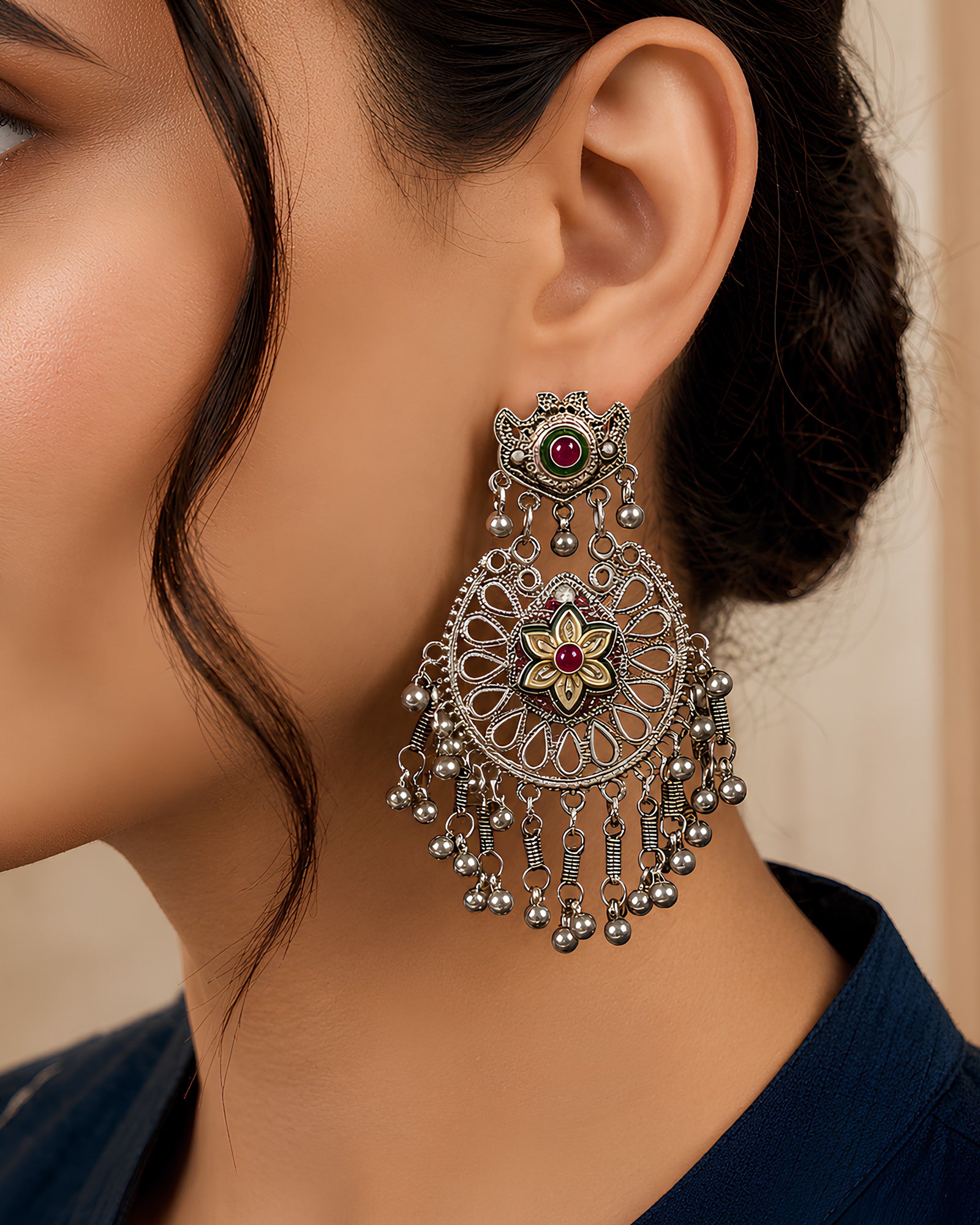 Enamelled Floral Filigree Oxidized Earrings