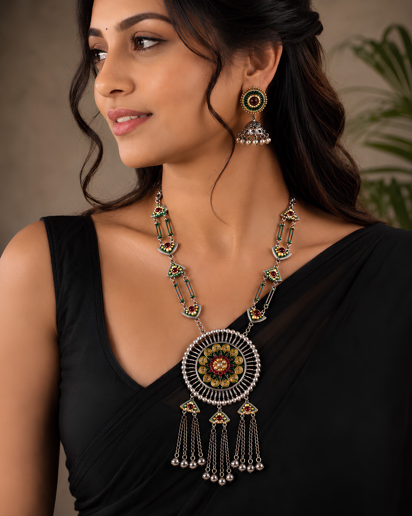 Enamelled Floral Medallion & Chain-Fringe Long Necklace
