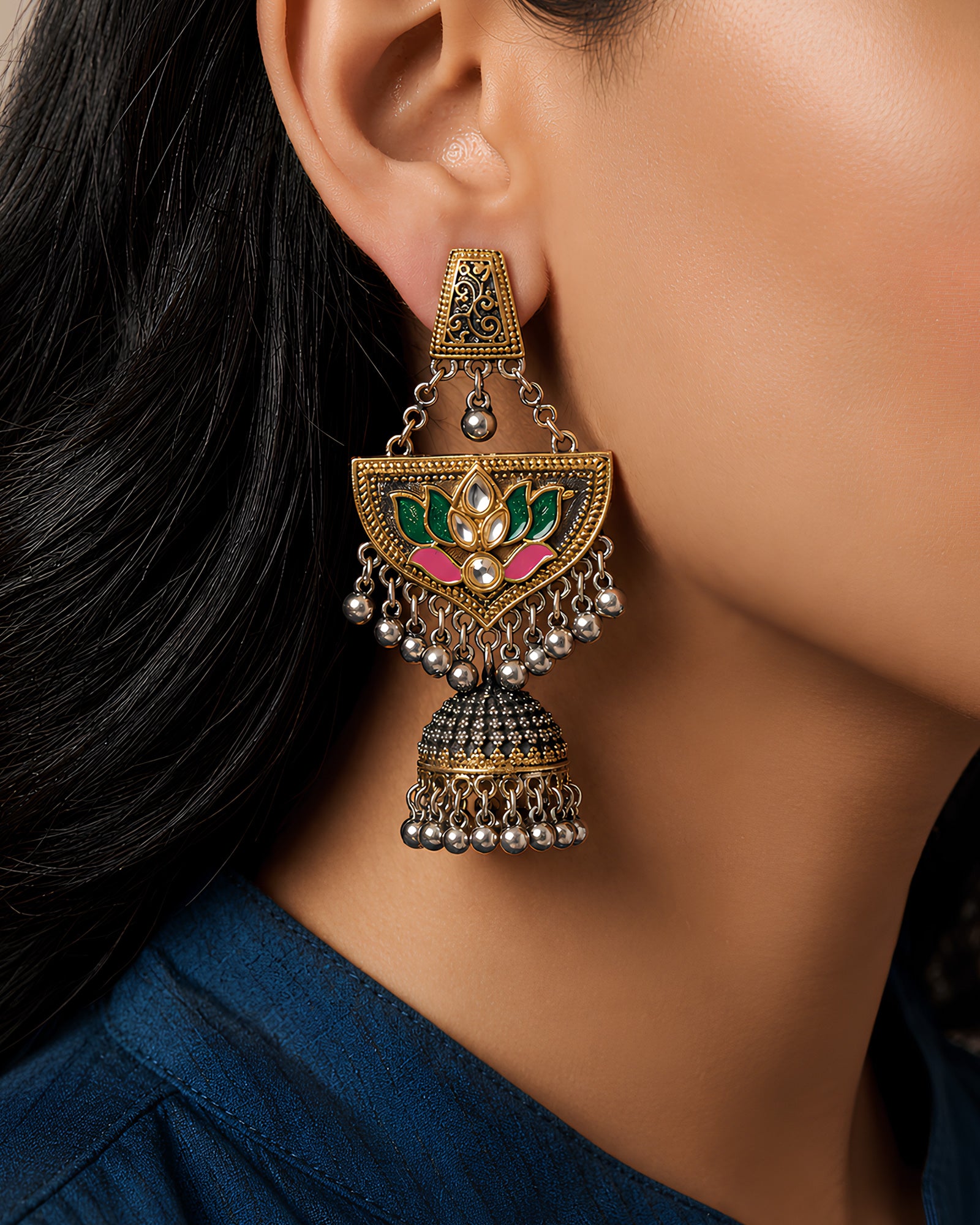 Enamelled Lotus Motif Shield Jhumka Earrings