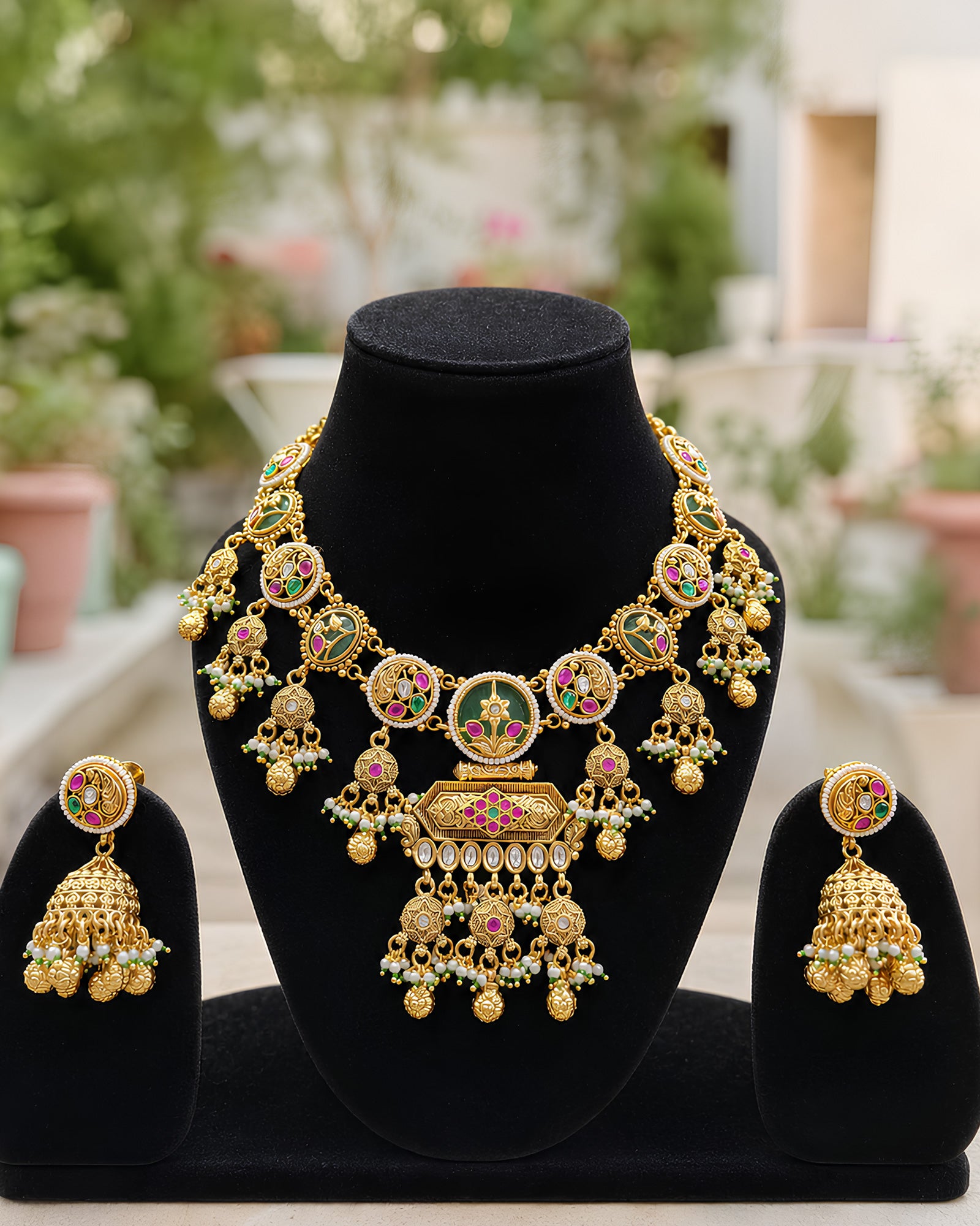 Enamelled Medallion & Beaded Jhumka Necklace Set