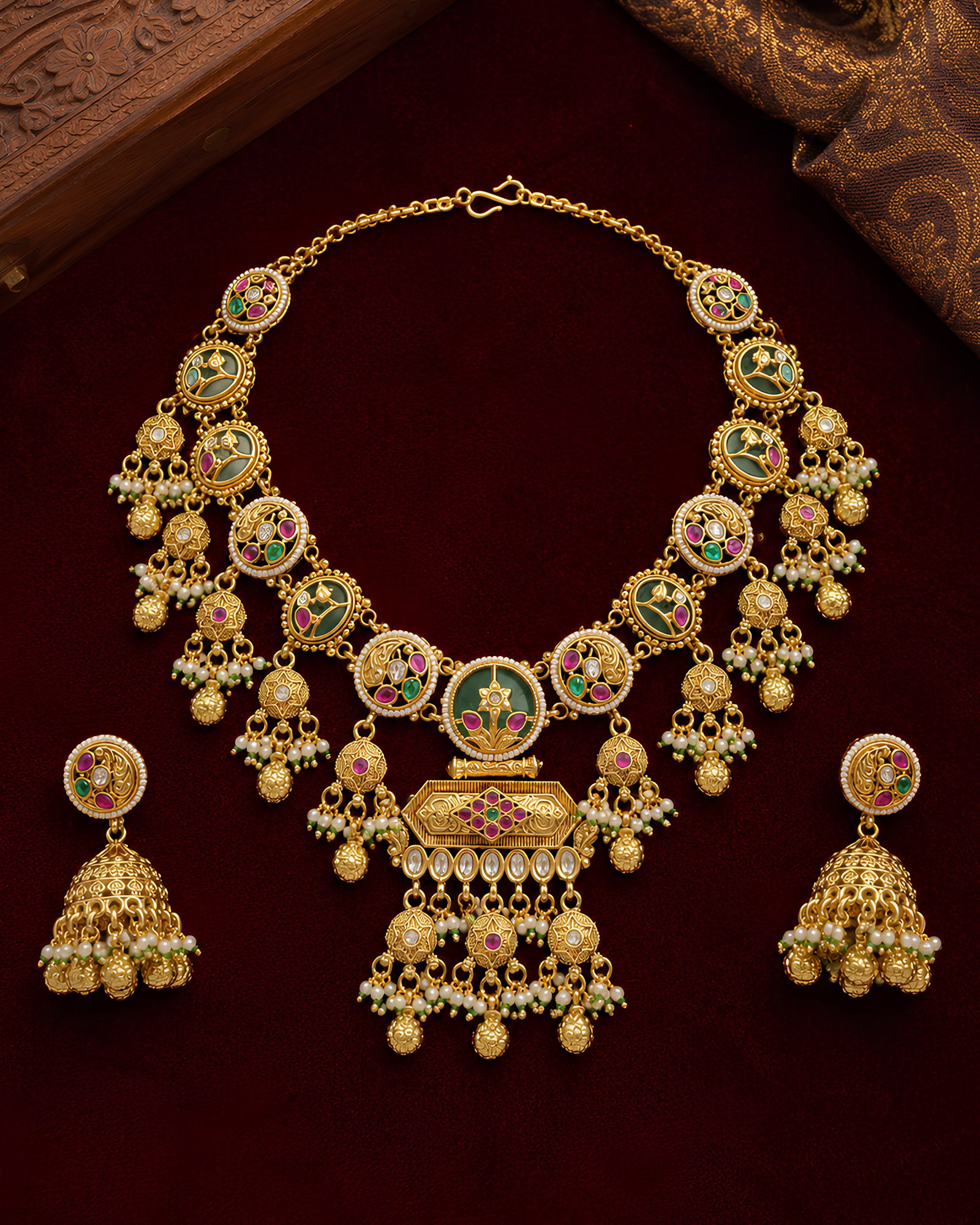 Enamelled Medallion & Beaded Jhumka Necklace Set