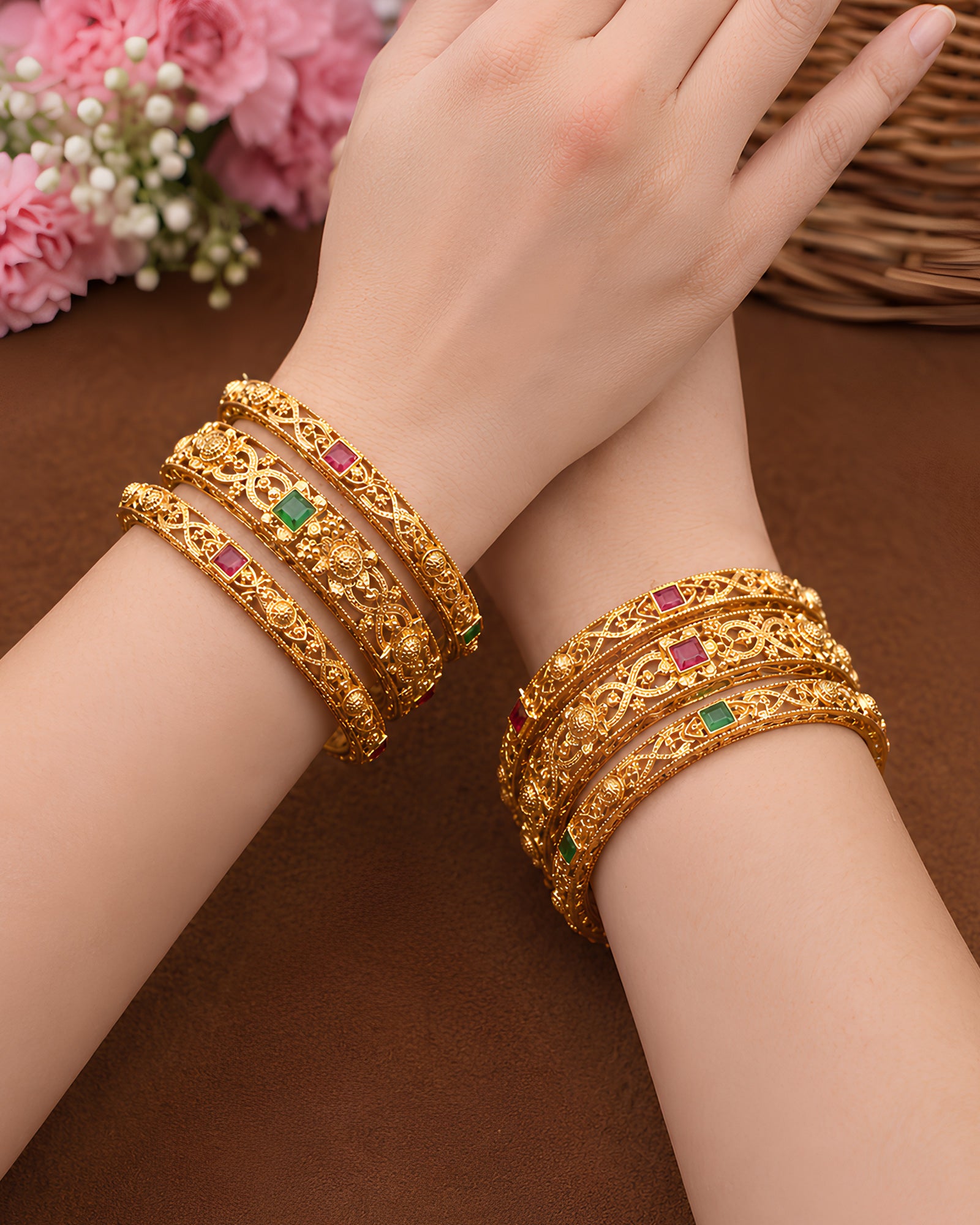 Filigree Enamel & Stone-Studded Bangle Set