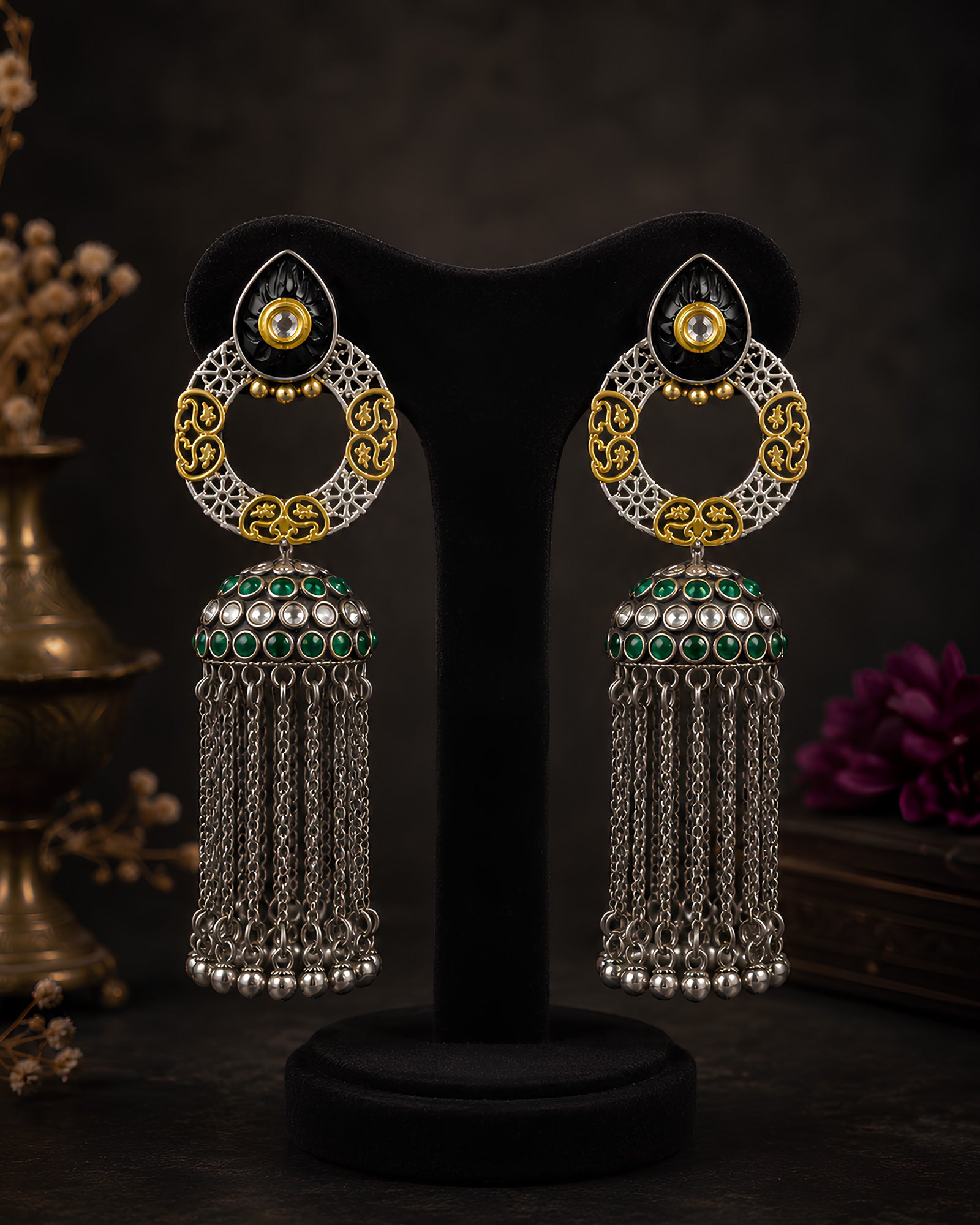 Filigree Hoop & Green Beaded Tassel Jhumkas