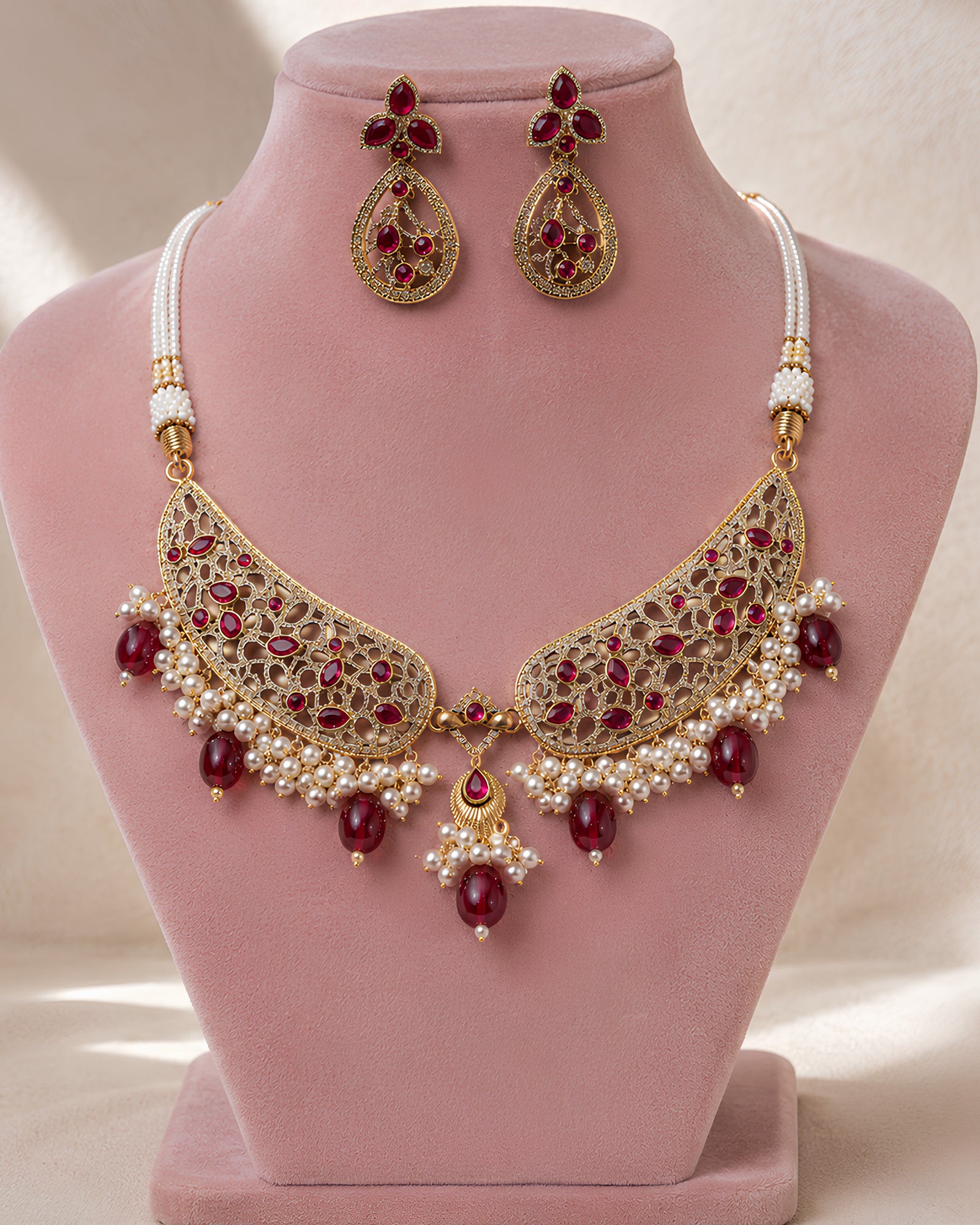 Filigree Ruby & Pearl Statement Necklace