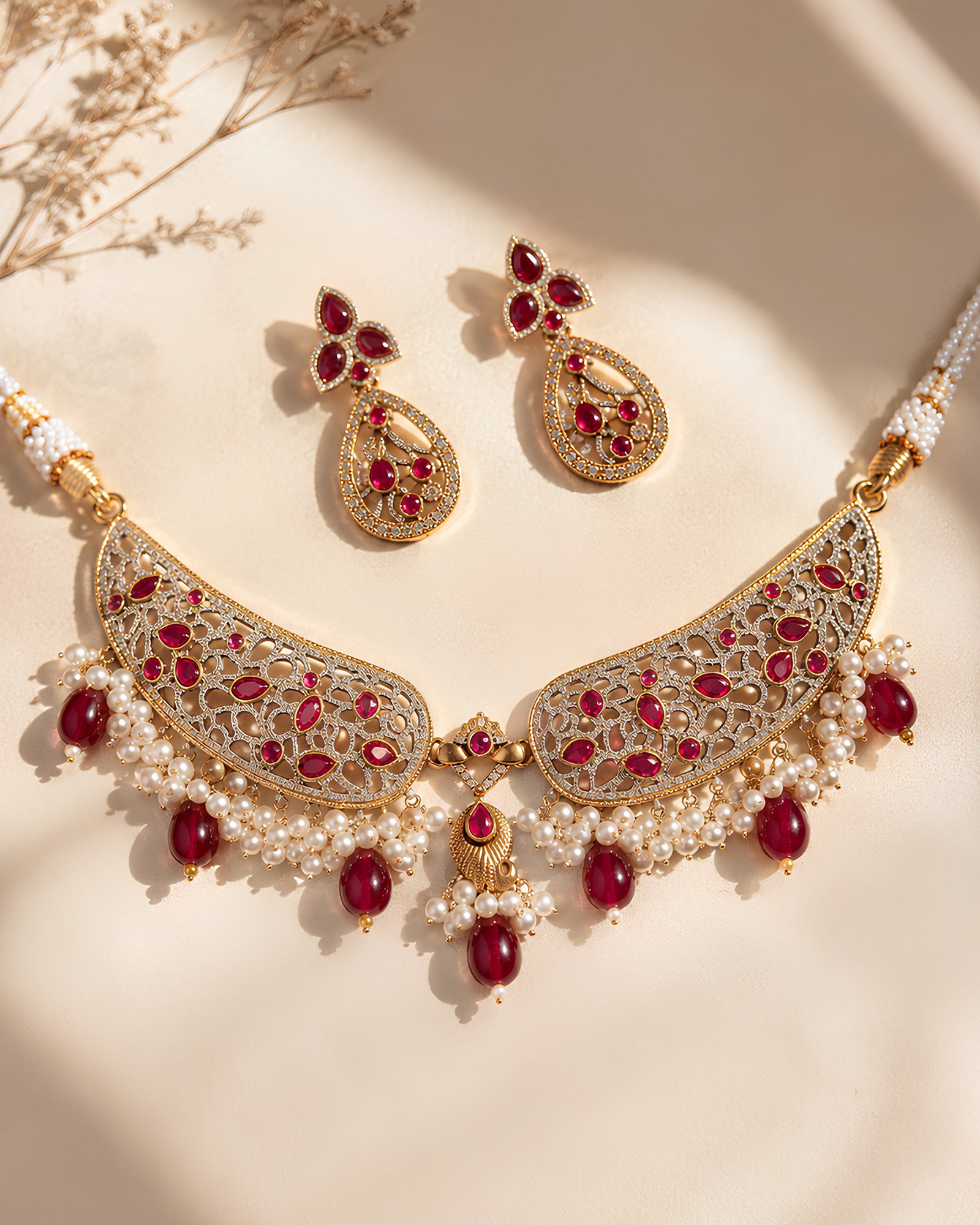 Filigree Ruby & Pearl Statement Necklace