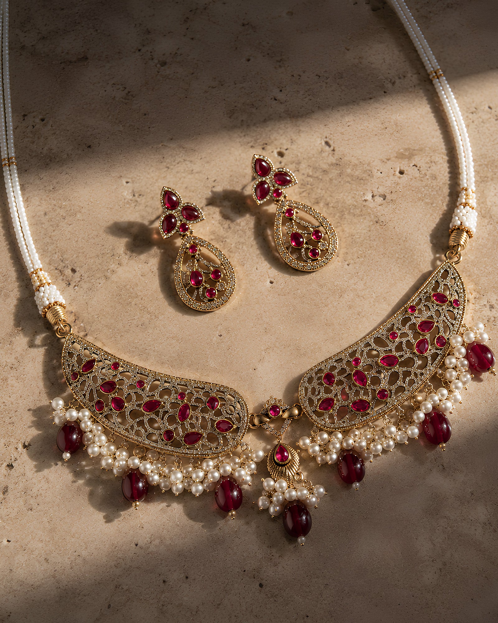 Filigree Ruby & Pearl Statement Necklace