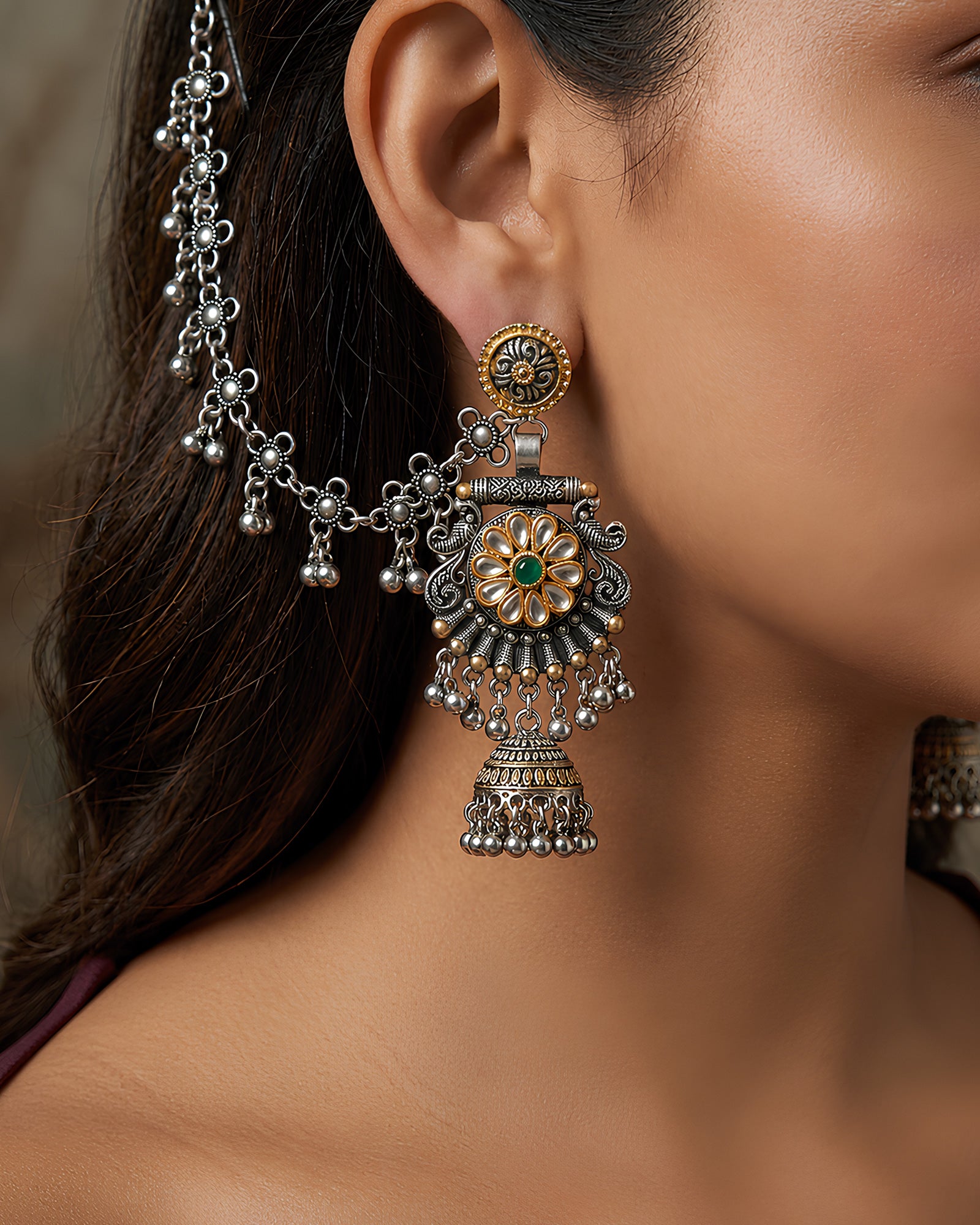Floral Bahubali Jhumka Earrings with Ear Chain