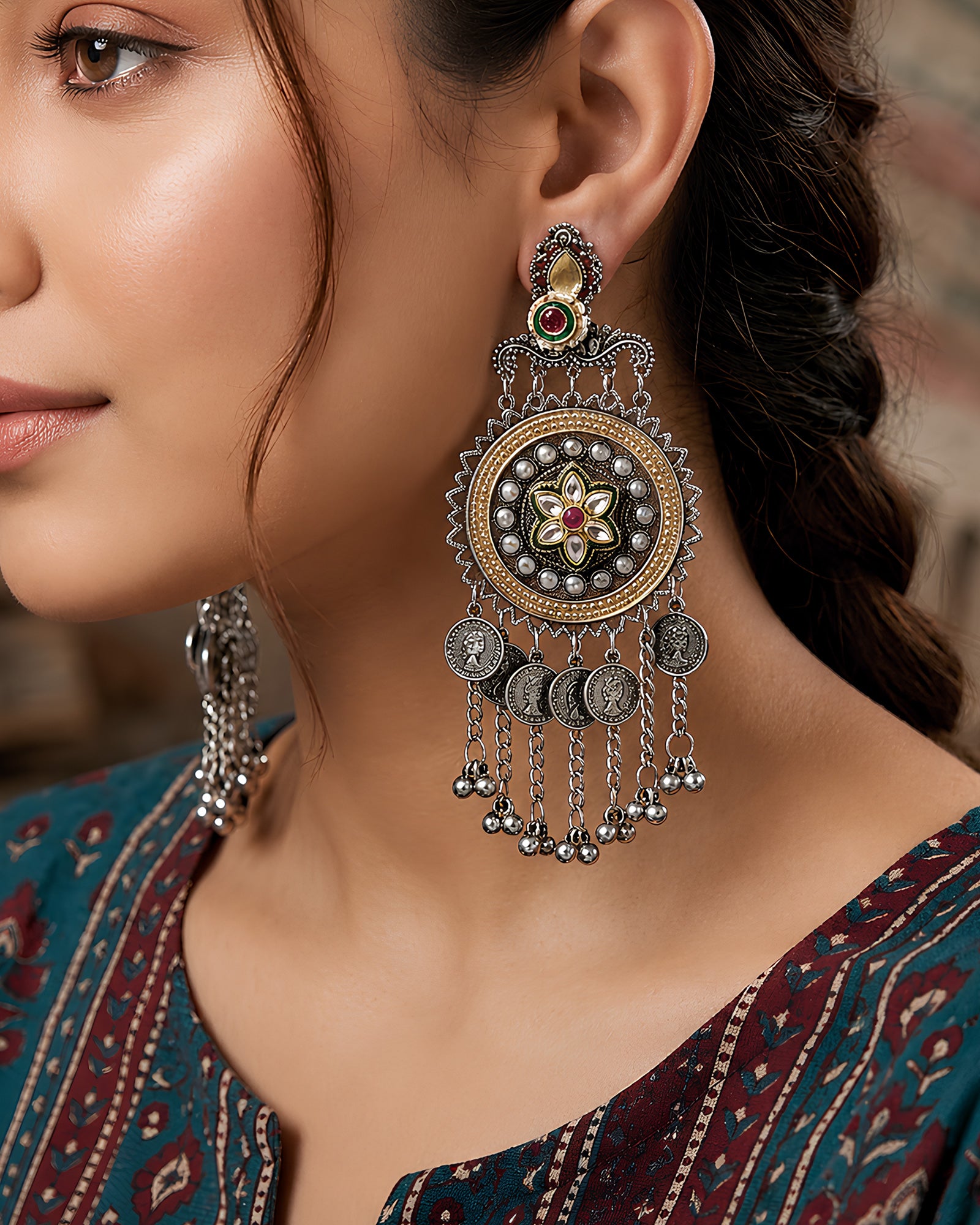 Floral Coin-Embellished Oxidized Statement Earrings