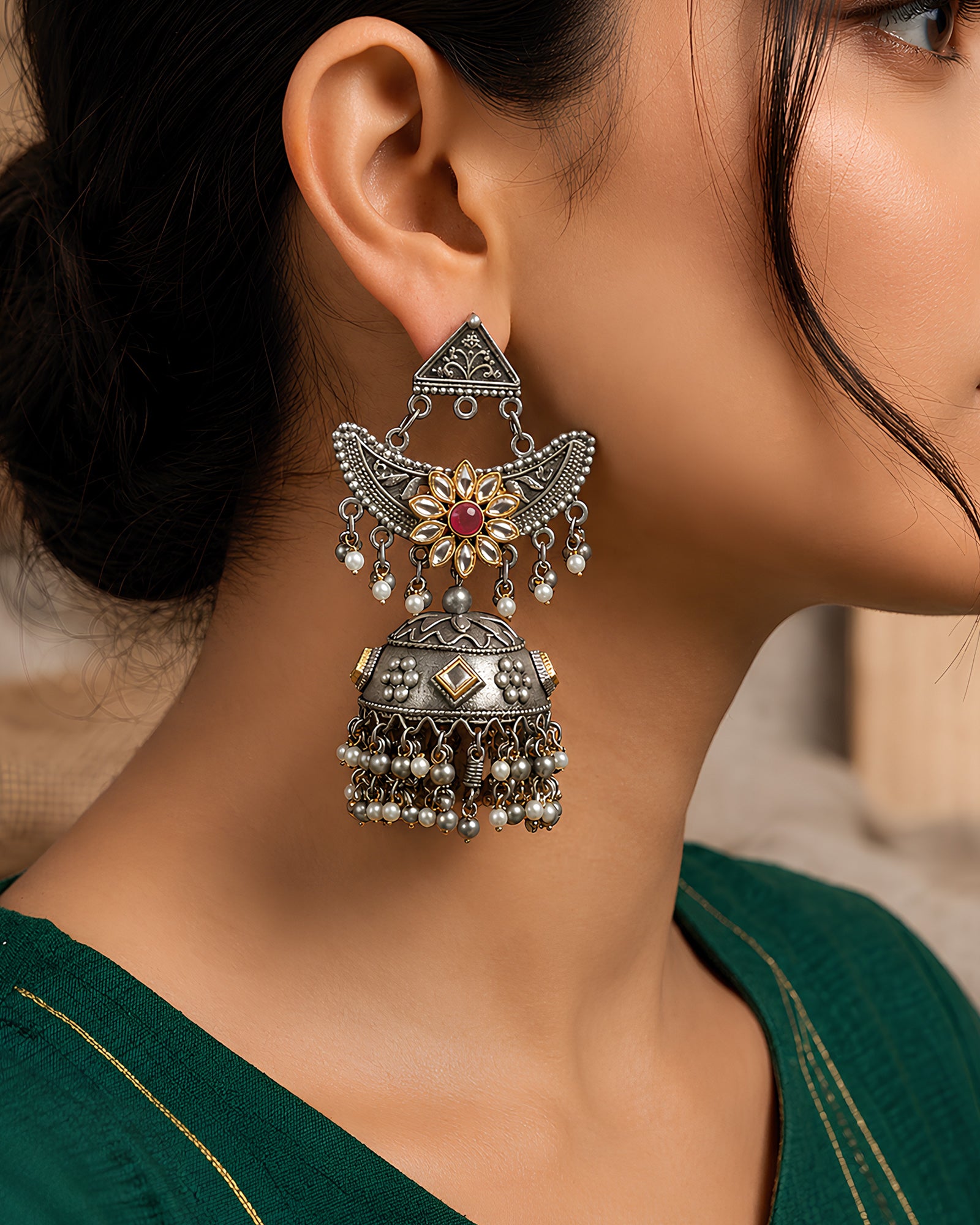 Floral Crescent Oxidized Jhumka Earrings