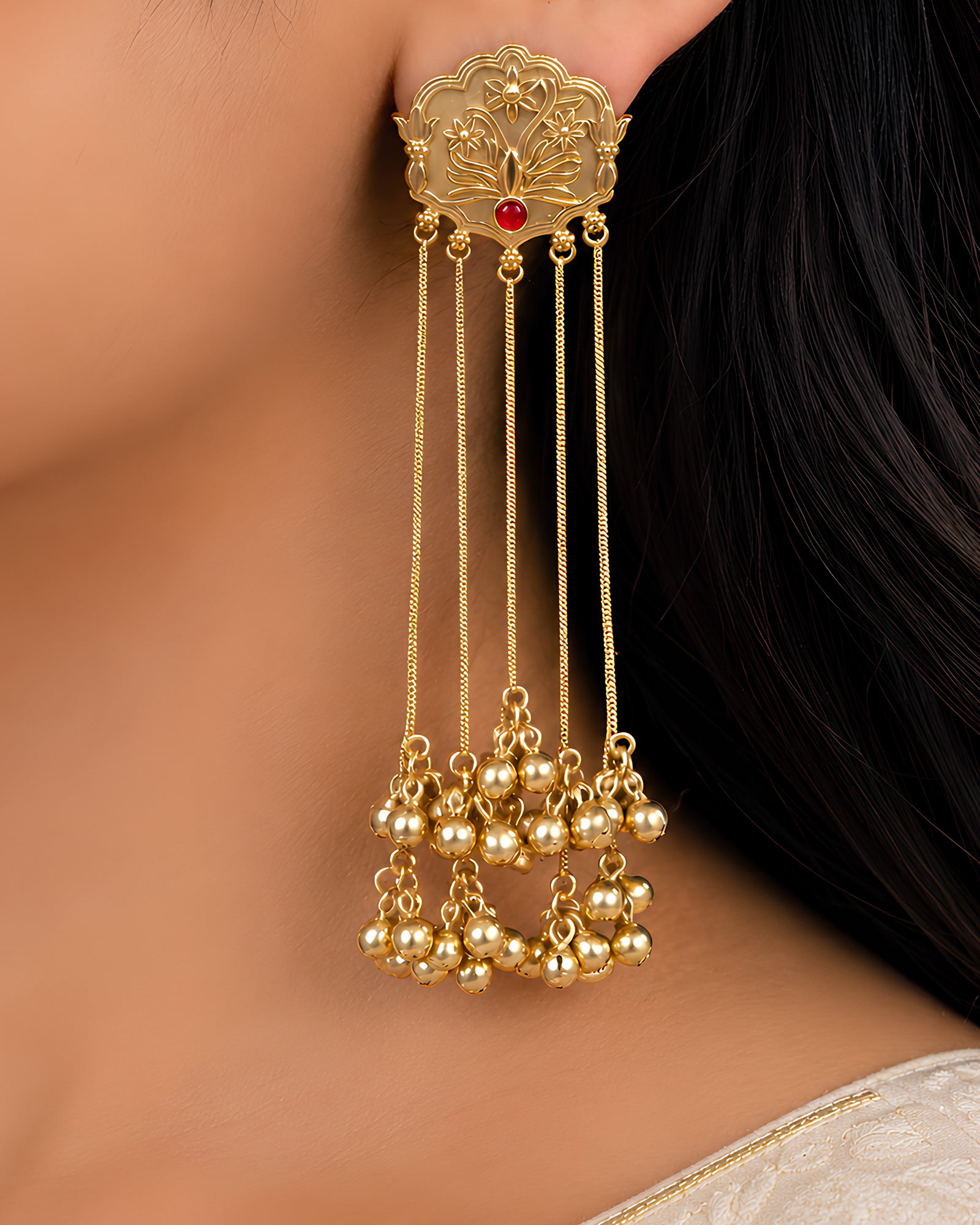 Floral Crest & Multi-Chain Bead Drop Earrings