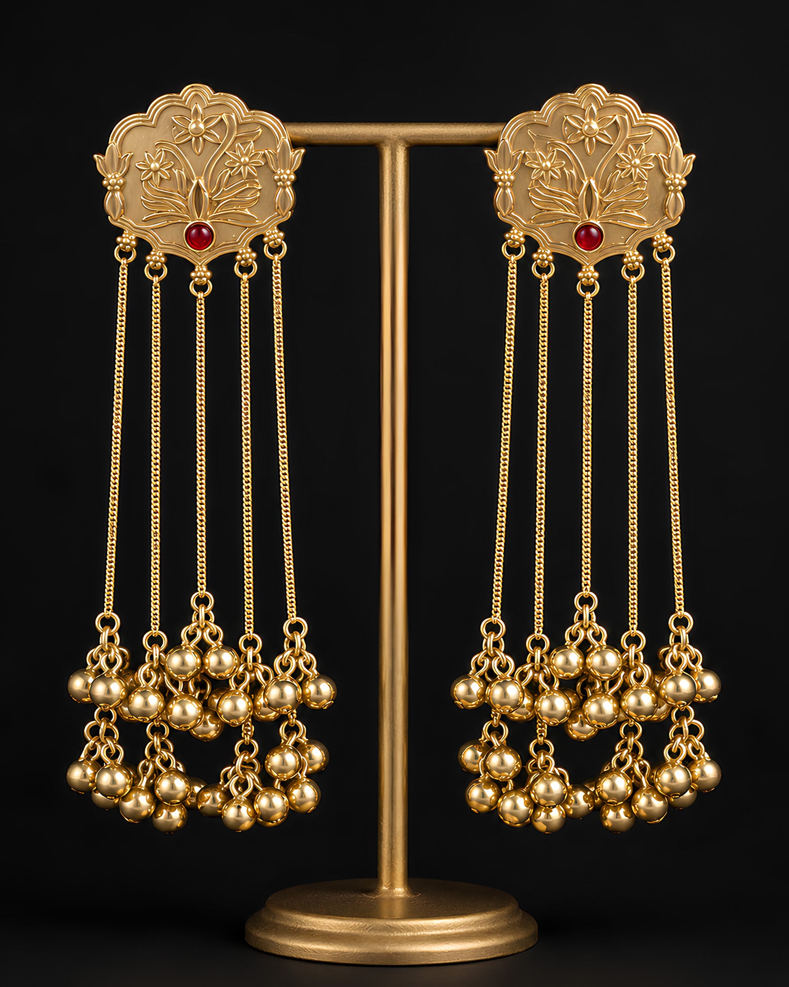 Floral Crest & Multi-Chain Bead Drop Earrings