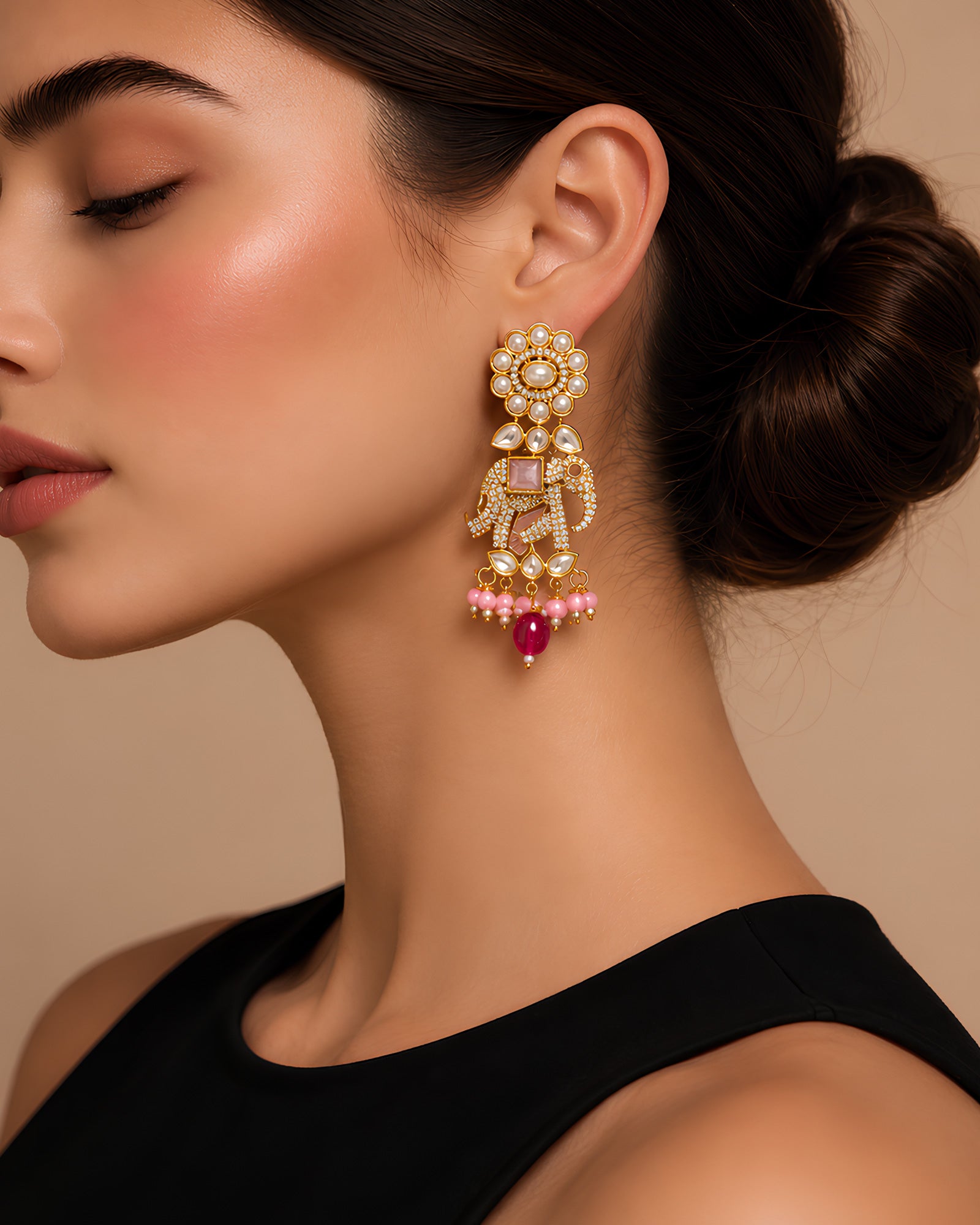 Floral Elephant Motif Kundan Drop Earrings