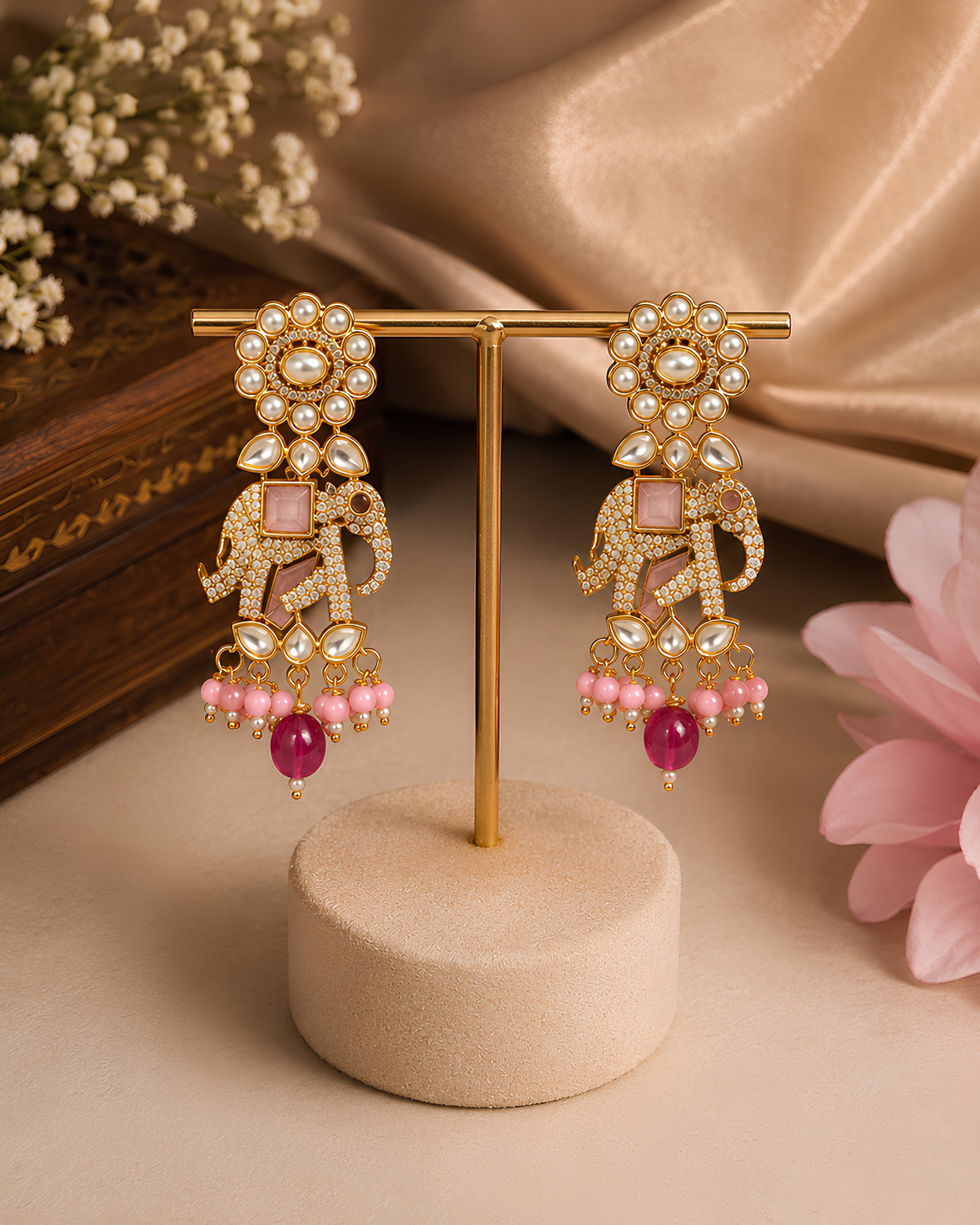 Floral Elephant Motif Kundan Drop Earrings